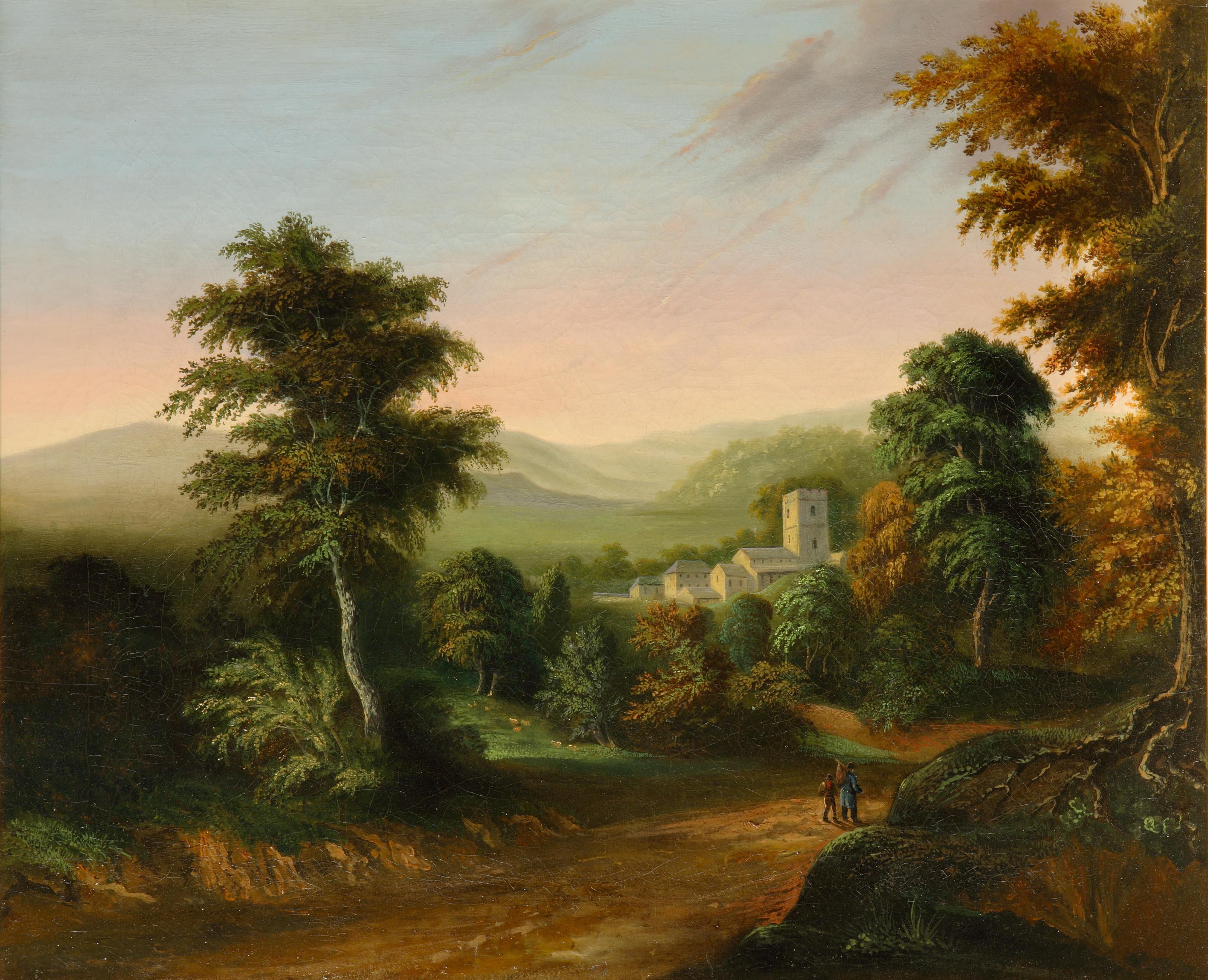 Circle of James Arthur O’Connor, circa 1792-1841

- From or inspired by the picturesque, middle phase of the artist's career beginning c1820 which is marked by a move away from specific topographic views towards more imaginary, idealised landscapes.