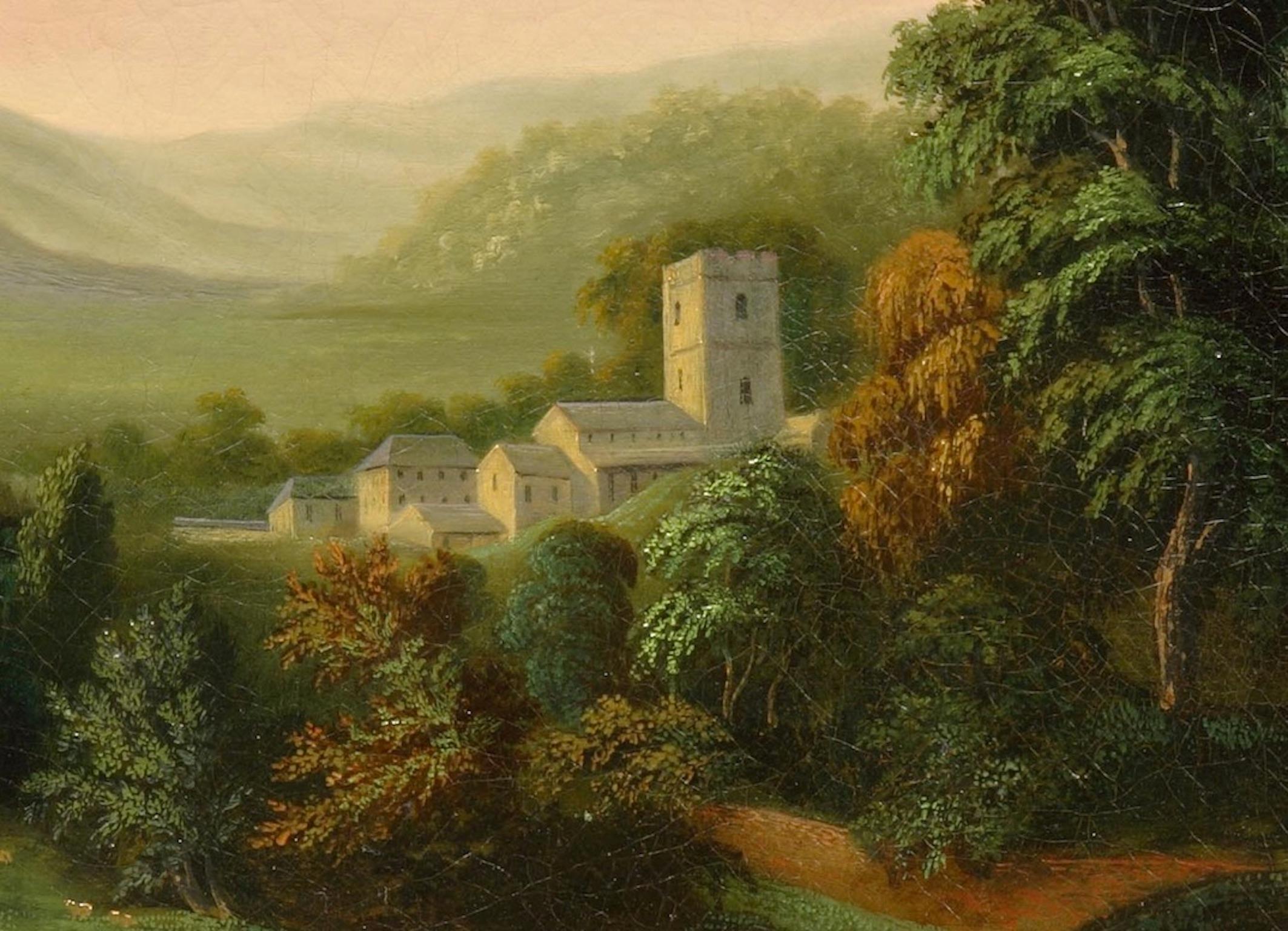 Circle of James Arthur O’Connor circa 1792-1841 

Measures: Height 49 cm., length 59 cm. 

An upland landscape with figures on a path in the foreground, monastic buildings beyond. Oil on canvas. In original frame. Cleaned, some restoration. 1778.
