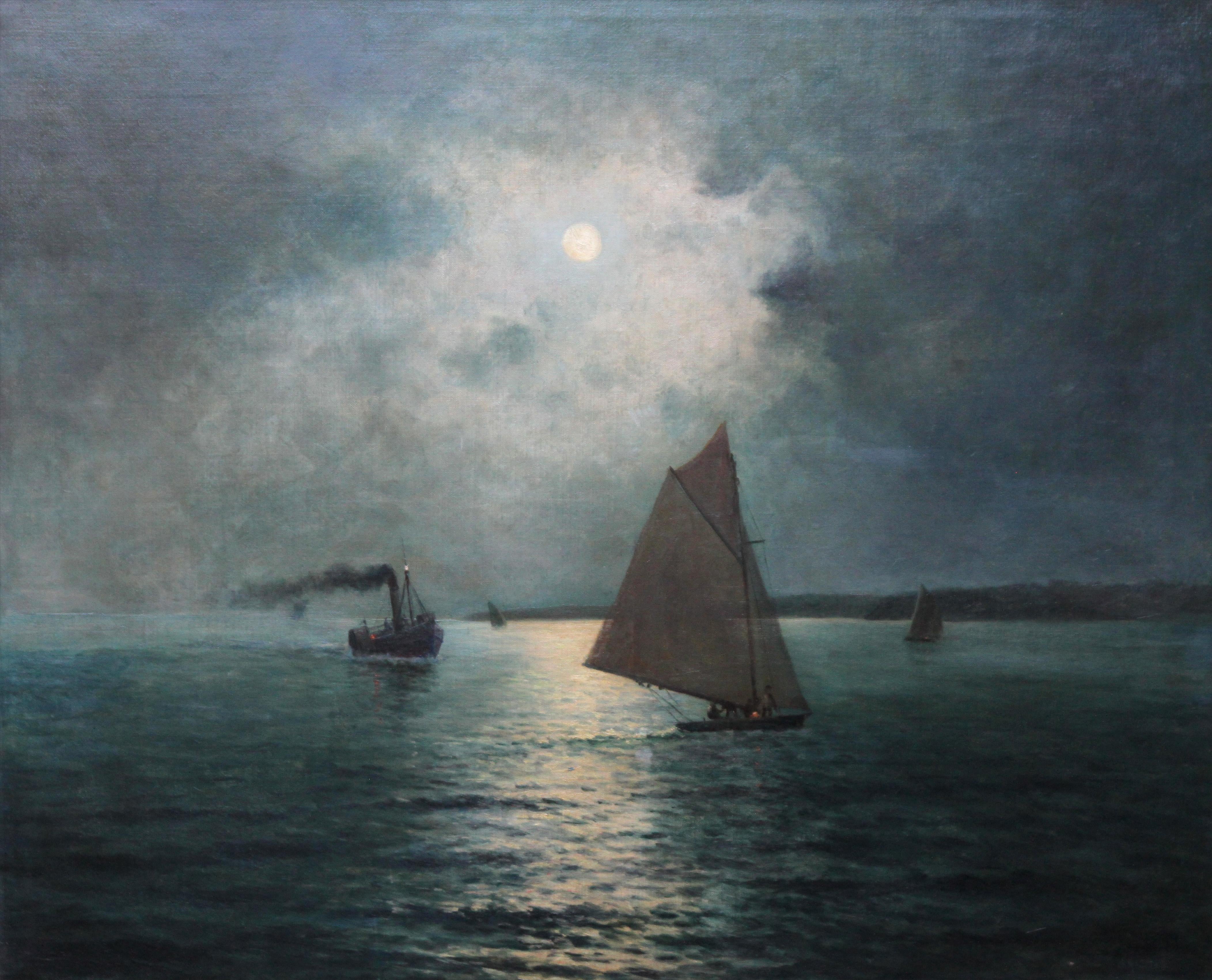 Moonlit Coastal Scene - Australian Impressionist oil painting seascape boats sea - Painting by James Ashton