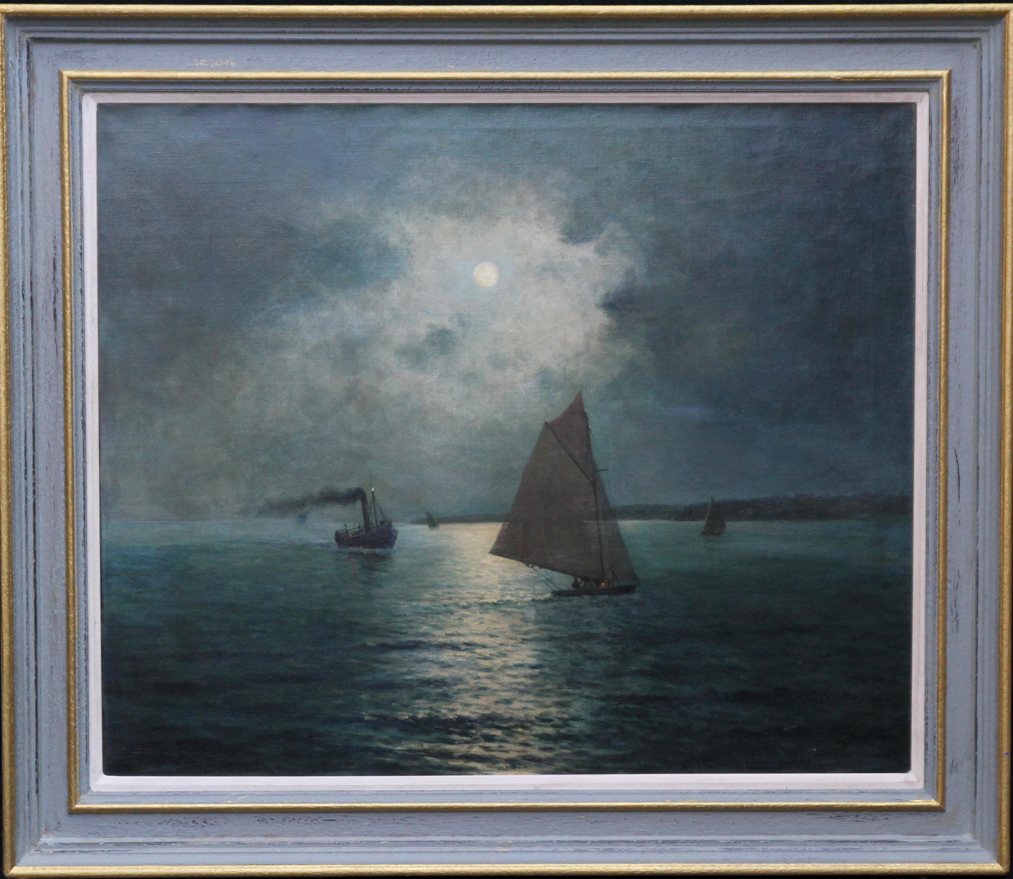 James Ashton Landscape Painting - Moonlit Coastal Scene - Australian Impressionist oil painting seascape boats sea