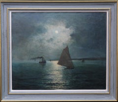 Moonlit Coastal Scene - Australian Impressionist oil painting seascape boats sea