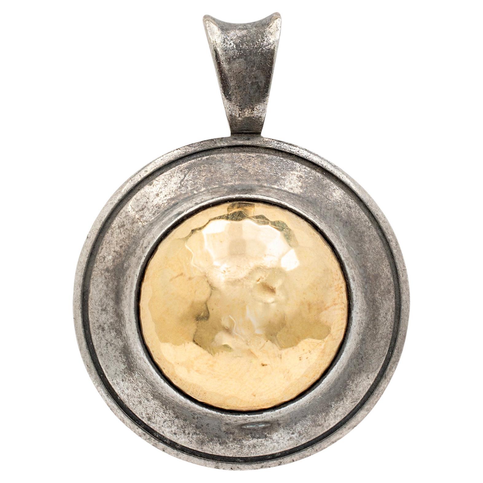 Vintage James Avery 14K Yellow Gold & 925 Sterling Silver Hammered Dome Pendant For Sale