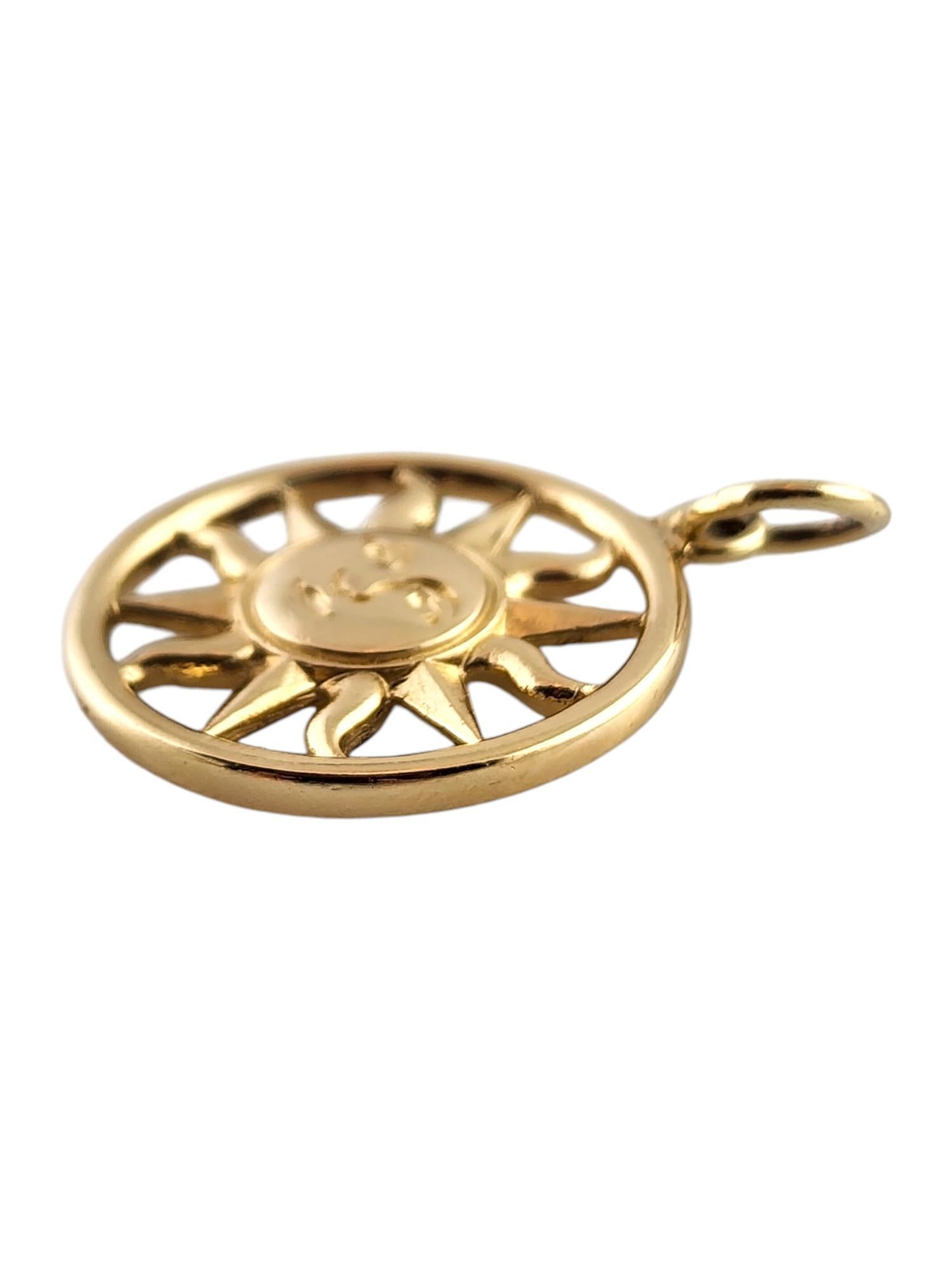 James Avery 14 Karat Yellow Gold Sun Pendant 

This beautiful pendant is crafted from 14K yellow gold and features a smiling sun that would look great on a matching chain!

Diameter: 22.9mm
Width: 3.55mm
Length w/ bail: 33.13mm

Weight: 4.63 dwt/