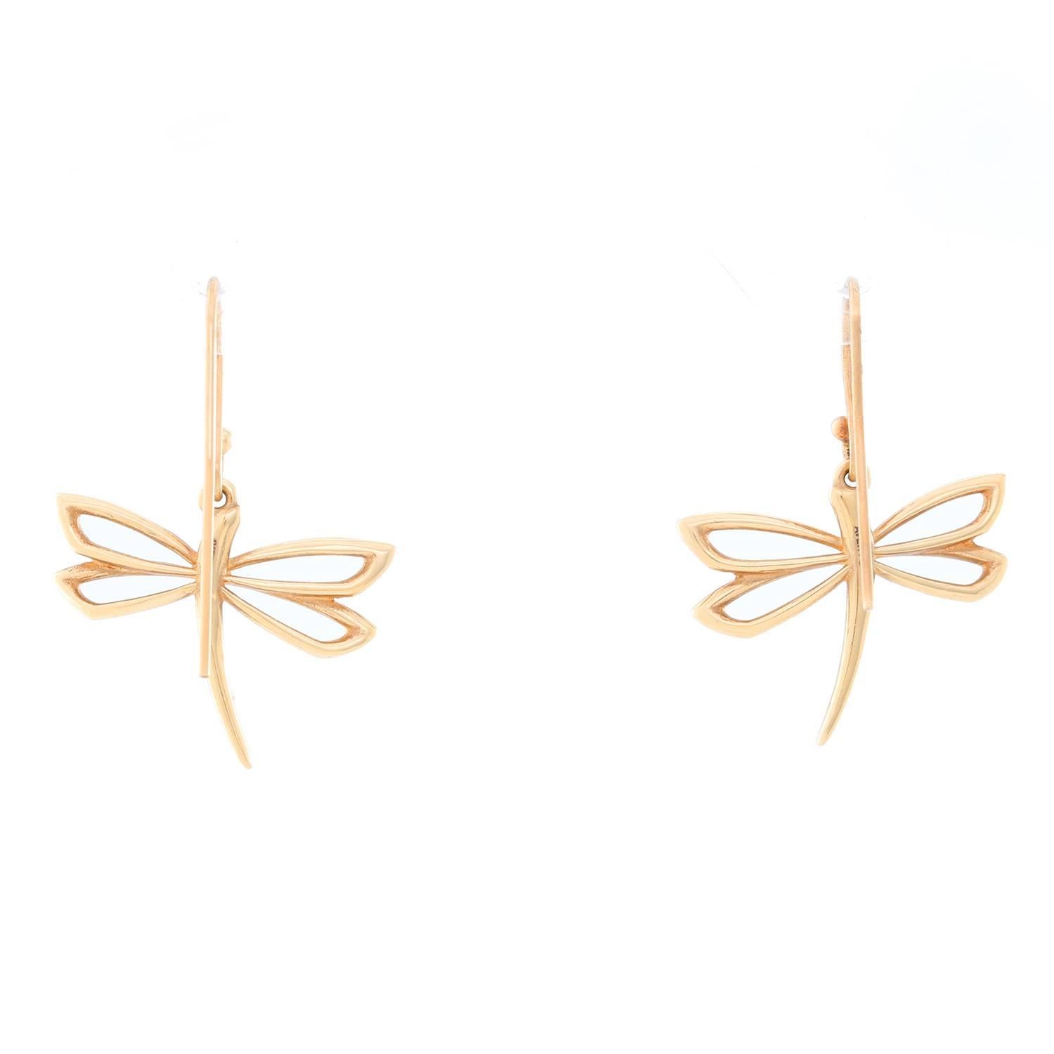 James Avery 14K Yellow Gold Dragonfly Earrings - . Adorable 14K yellow gold dangle dragonflies. Hallmark; Avery 585. Total weight 5 grams. 1 inch long.