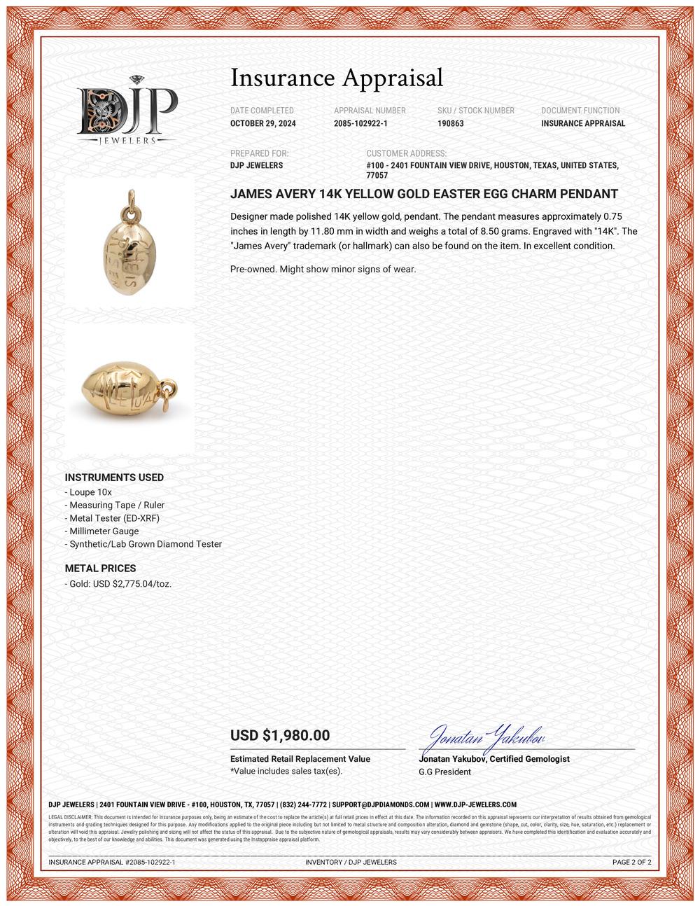 Ciondolo a forma di uovo di Pasqua in oro giallo 14K di James Avery 2