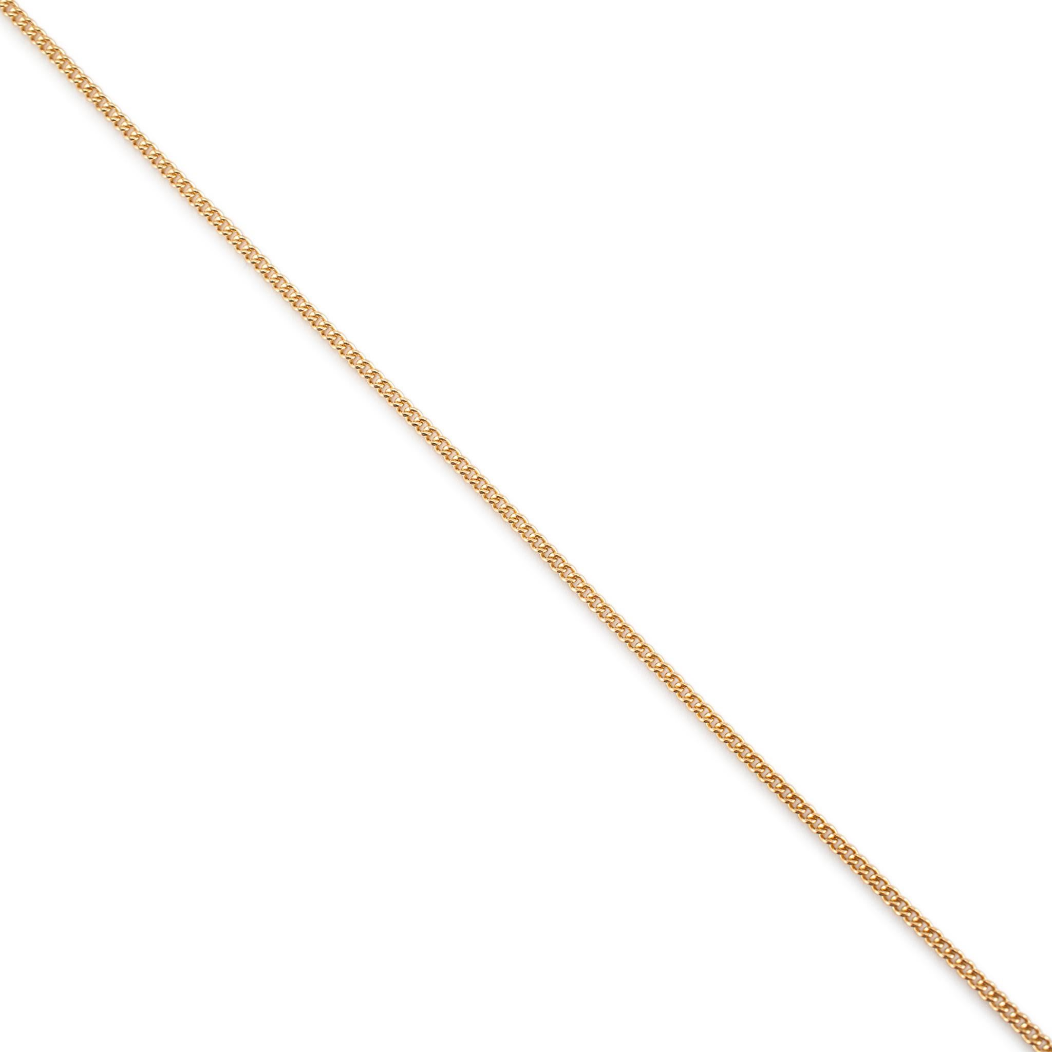 Marque : James Avery

Genre : Mesdames

Type de métal : Or jaune 14K

Longueur : 14.00 pouces

Largeur : 1.50 mm

Poids : 3,10 grammes

Collier en or jaune 14K poli, réalisé par un designer. Le métal a été testé et il a été déterminé qu'il