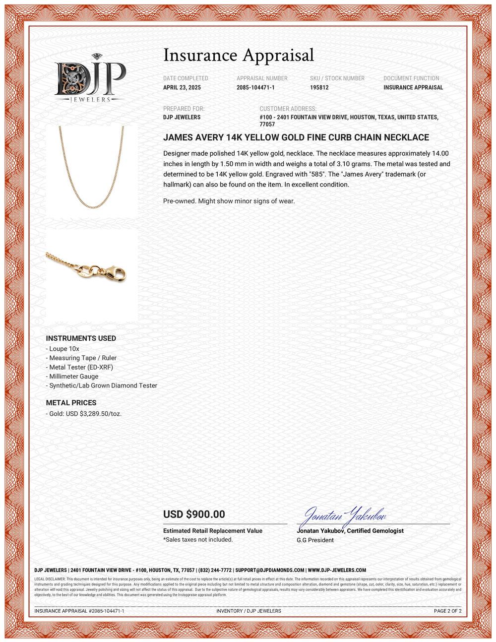 James Avery, collier à chaîne fine en or jaune 14 carats en vente 1