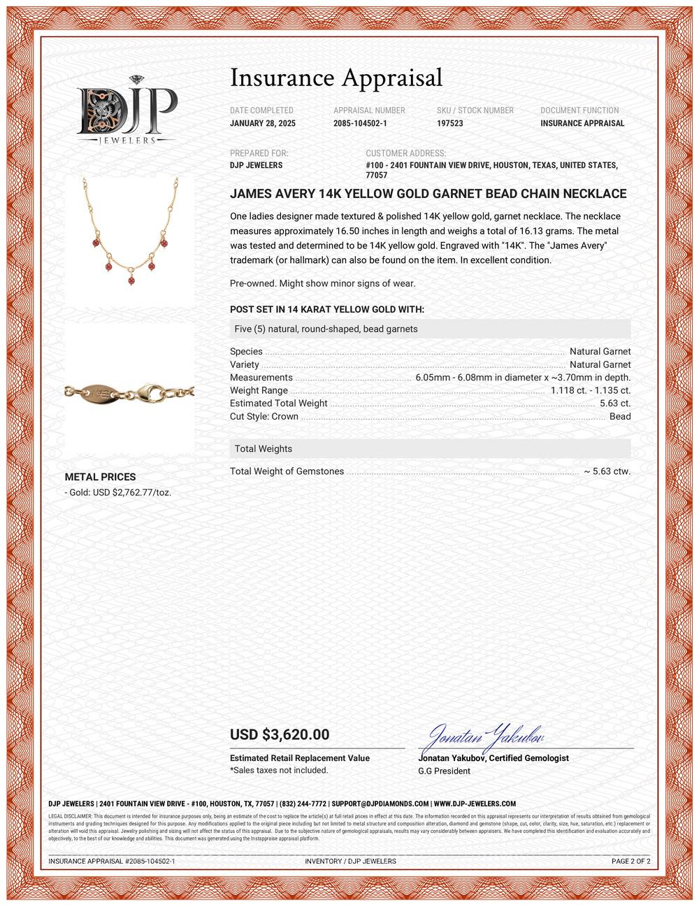 James Avery 14K Gelbgold Granat-Perlenkette Halskette 1