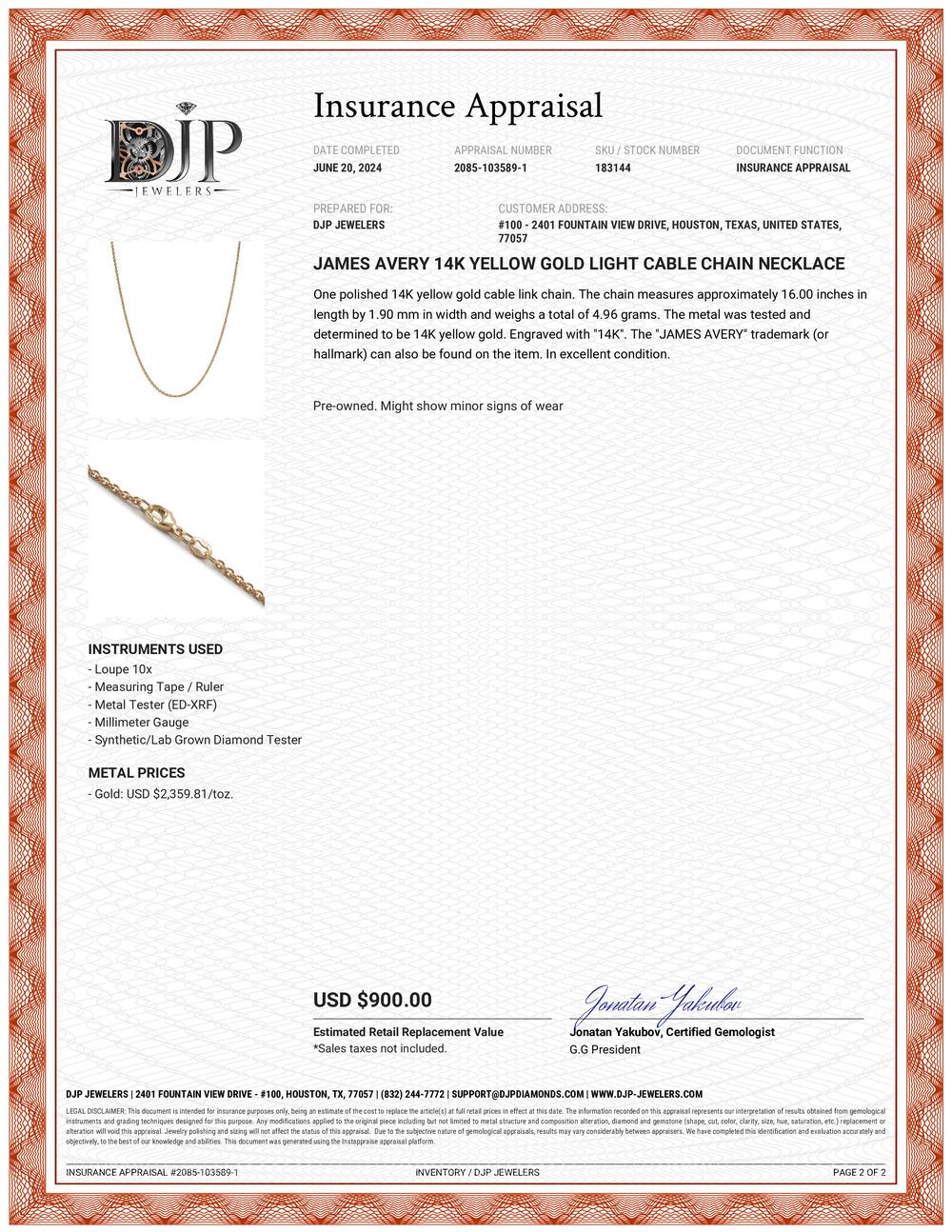 James Avery 14K Gelbgold Helle Kabelkette Halskette 2