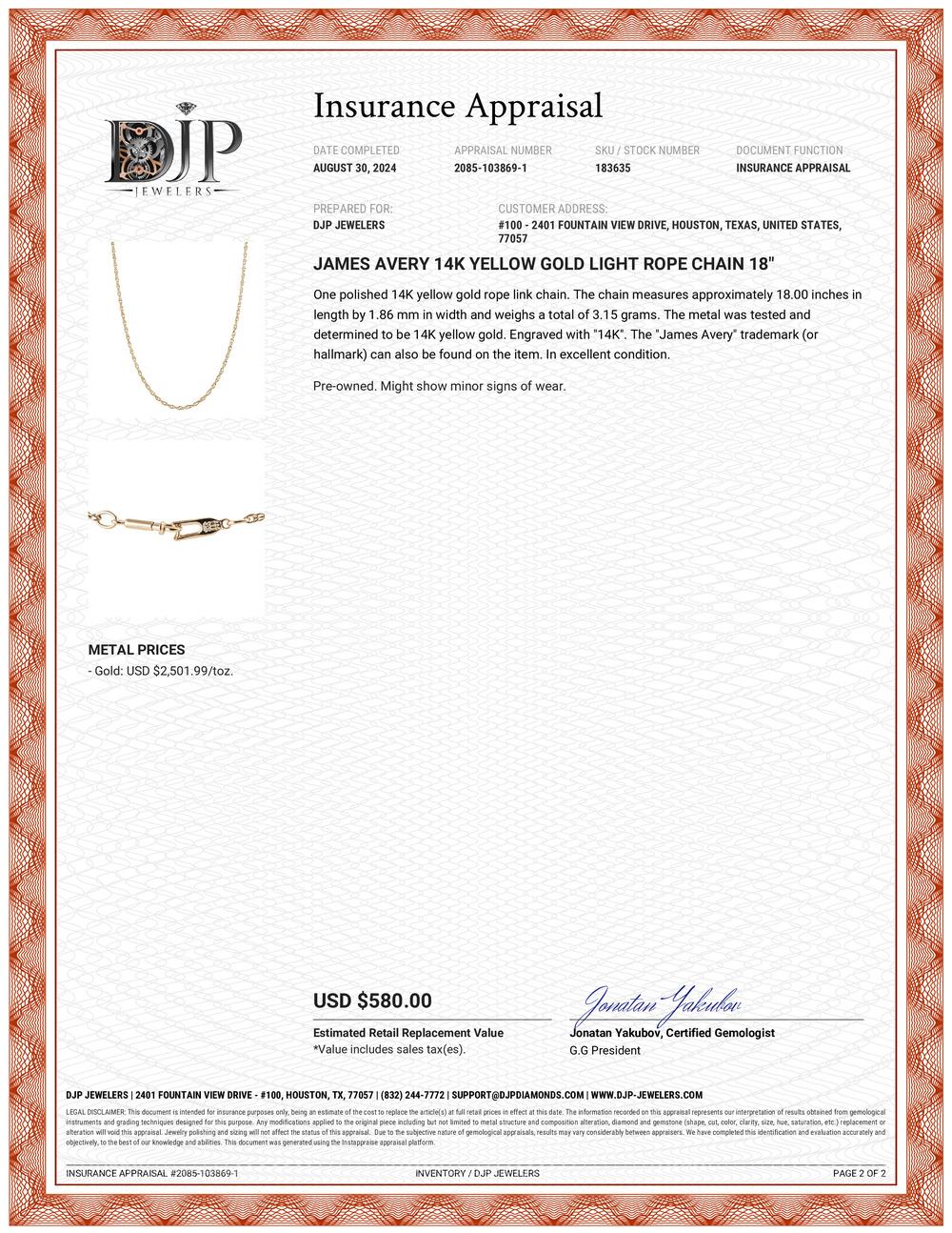 James Avery 14K Yellow Gold Light Rope Chain 18” 1