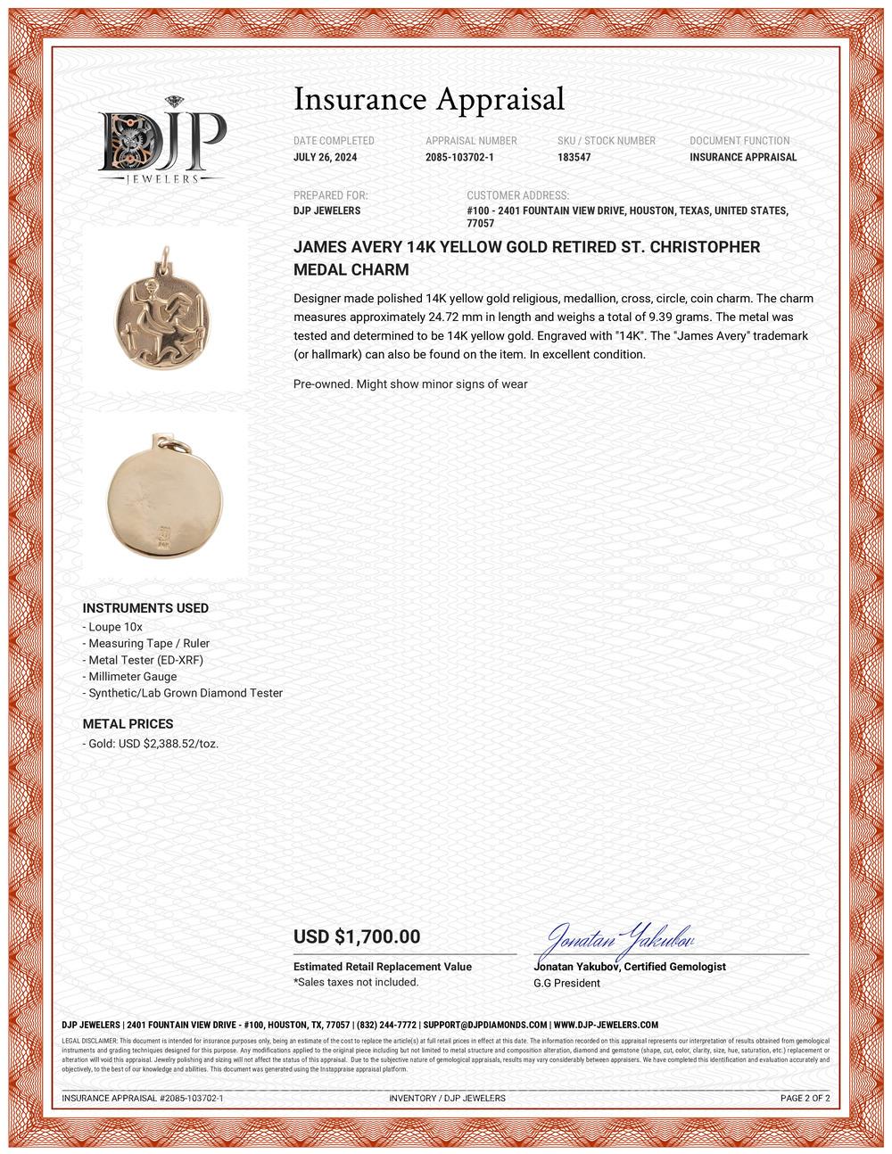 James Avery 14K Gelbgold Vertifizierter St. Christopherus-Medaille-Anhänger 1