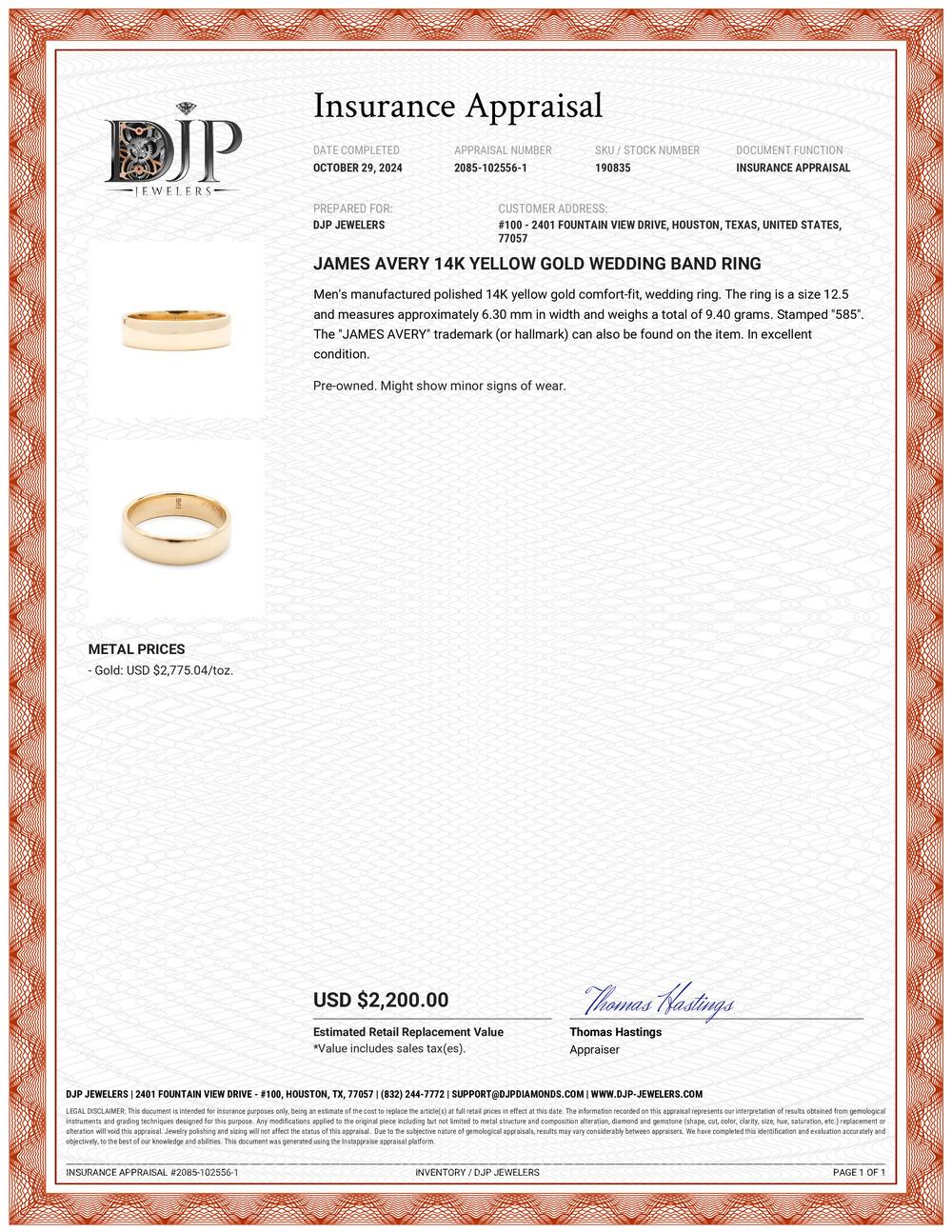James Avery 14K Yellow Gold Wedding Band Ring In Excellent Condition In Houston, TX