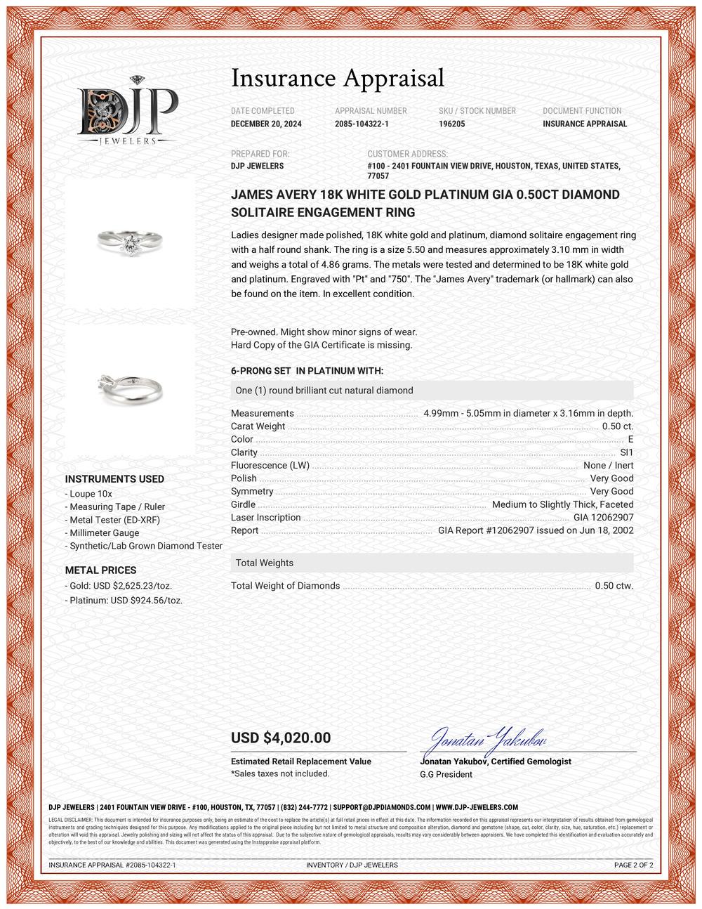 James Avery 18K White Gold Platinum GIA 0.50ct Diamond Solitaire Engagement Ring For Sale 4
