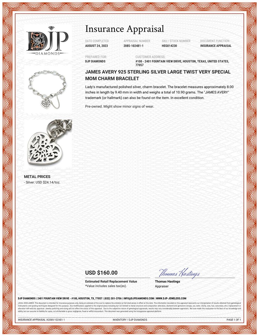 James Avery 925 Sterlingsilber Großes gedrehtes sehr besonderes Mom Charm-Armband 2