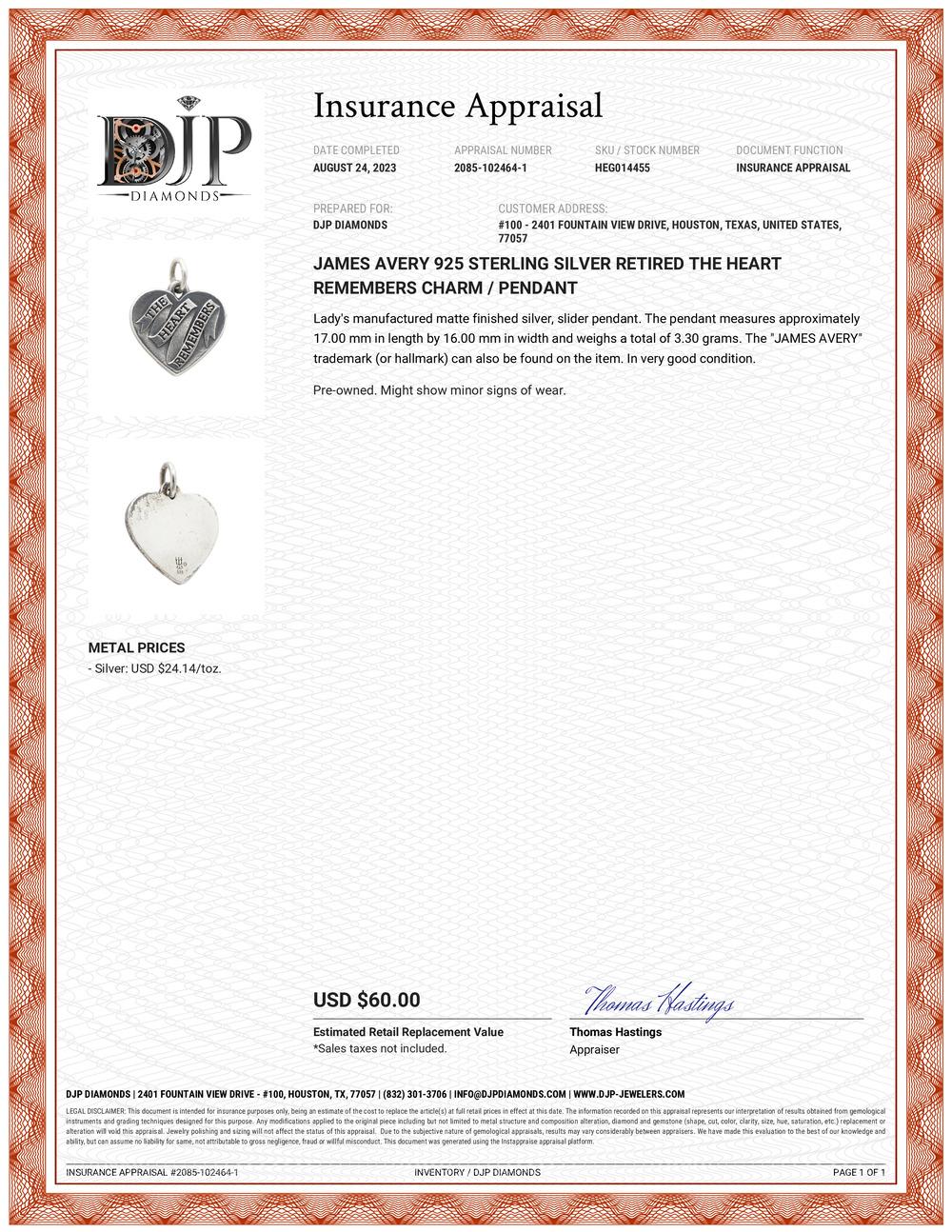 James avery the heart remembers charm outlet