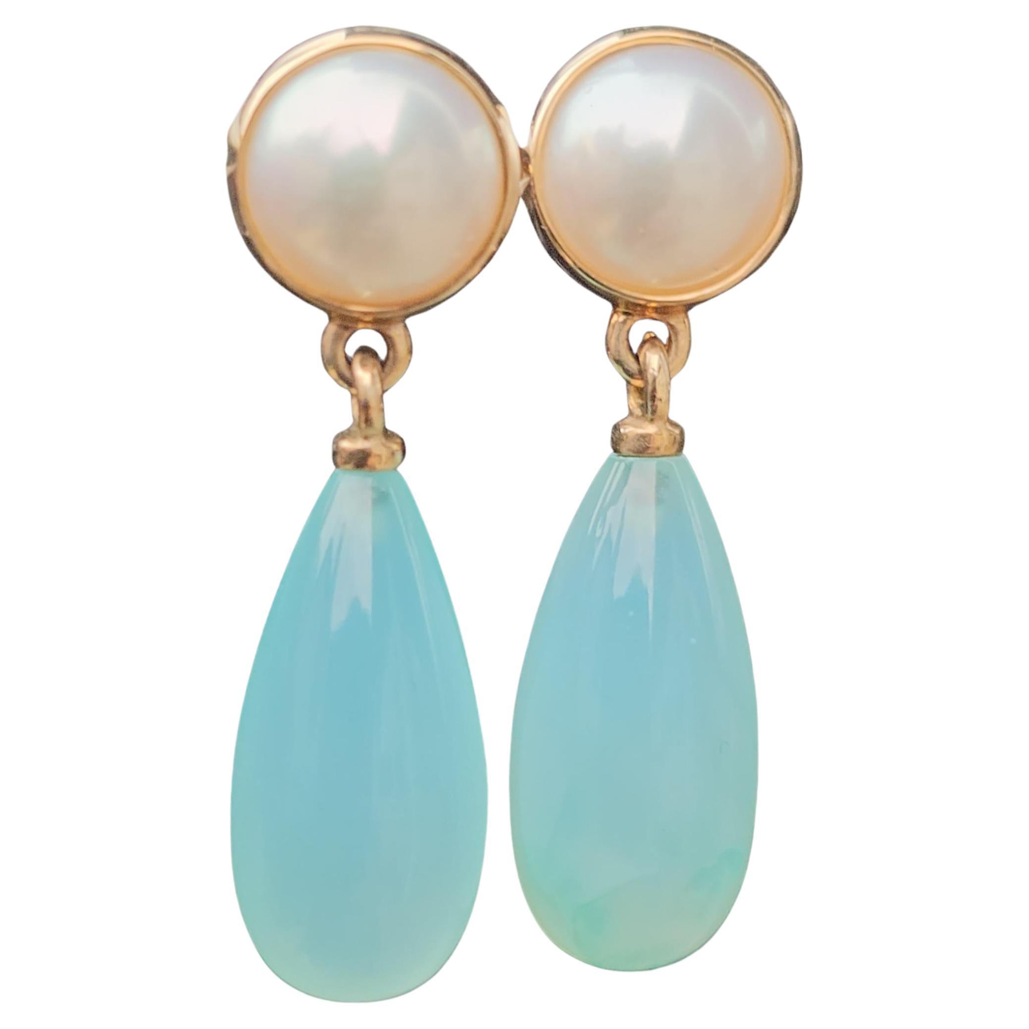 James Avery Dangle Drop Earrings 14k Yellow Gold Mabe Pearl Chalcedony 6.2g For Sale