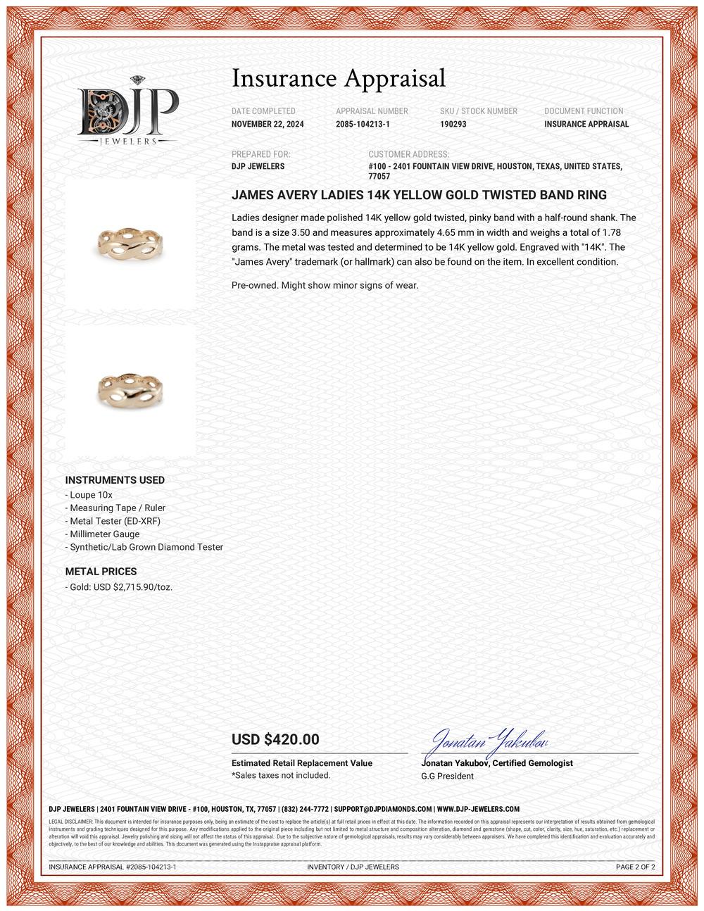 James Avery Damen 14K Gelbgold gedrehter Bandring 6