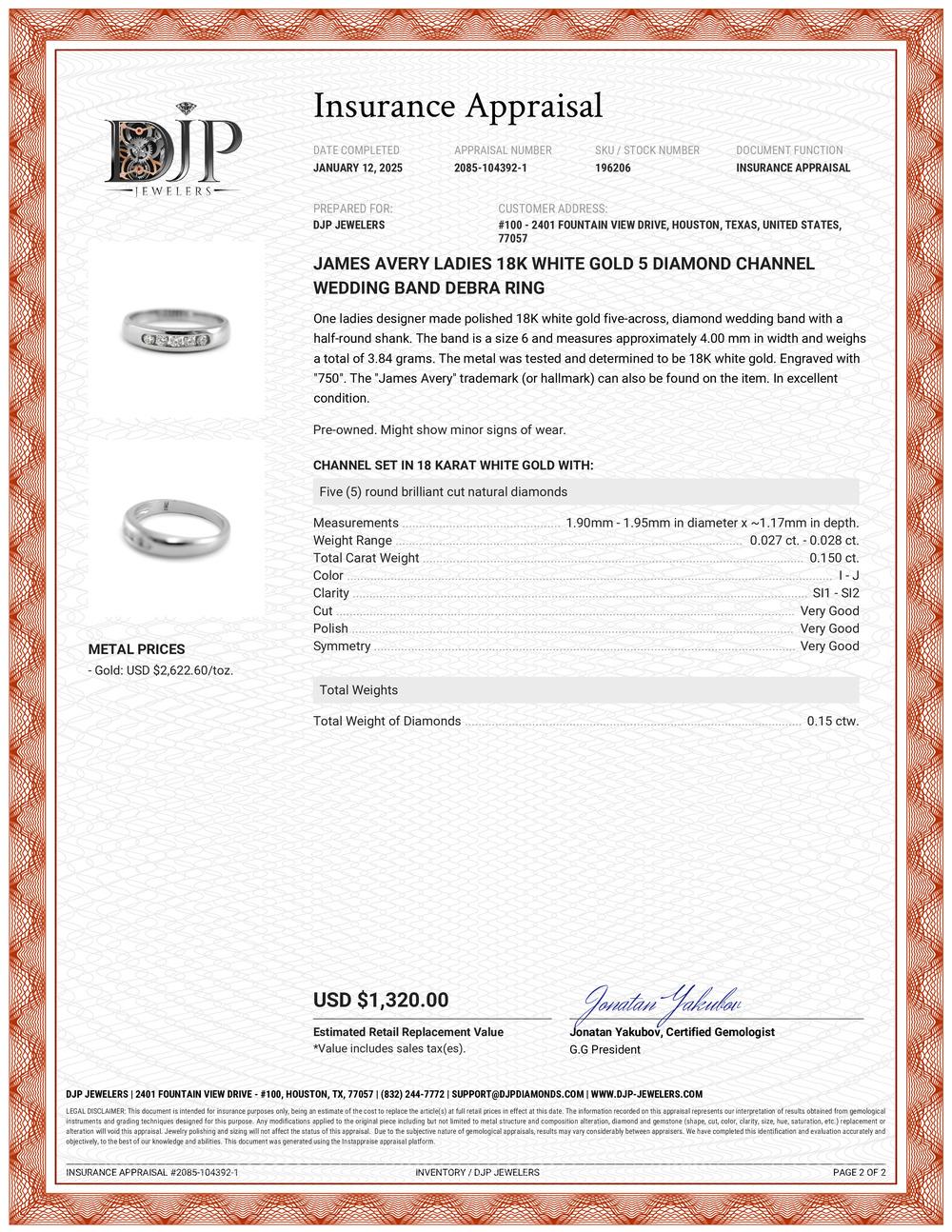 James Avery Ladies 18K White Gold 5 Diamond Channel Wedding Band Debra Ring For Sale 3