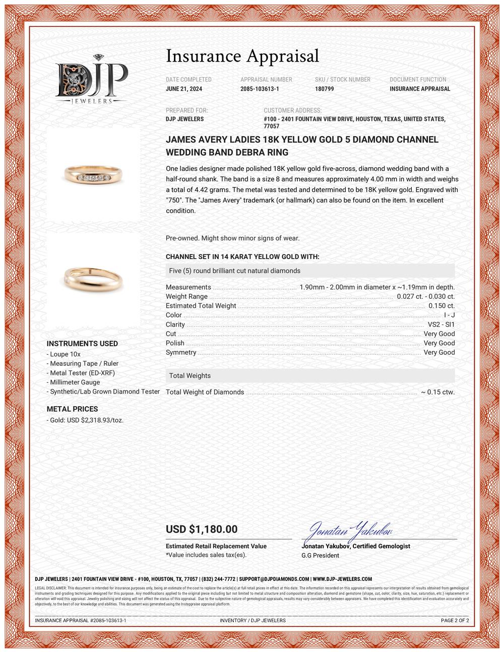 Round Cut James Avery Ladies 18K Yellow Gold 5 Diamond Channel Wedding Band Debra Ring