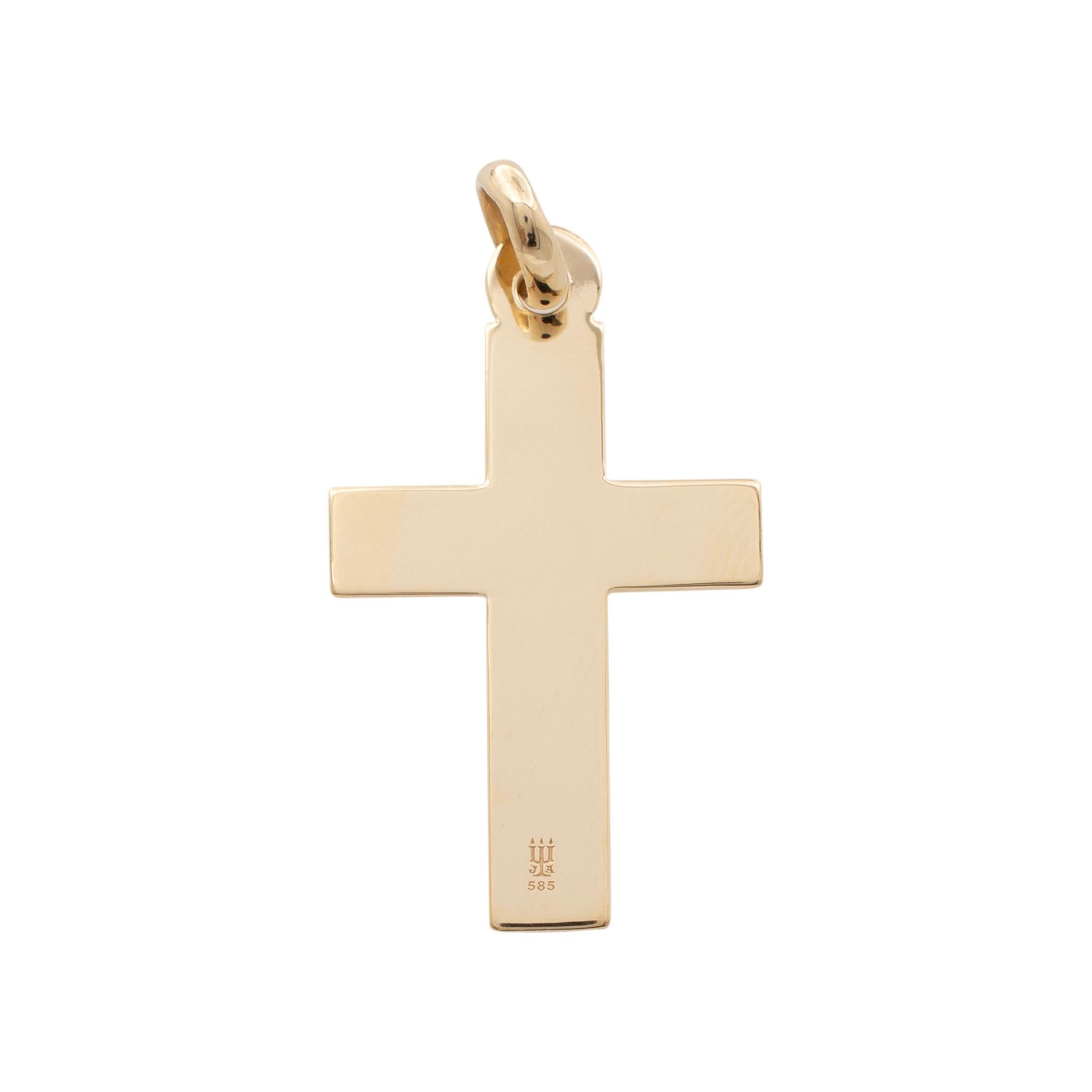 Brand: James Avery

Gender: Unisex

Metal Type: 14K Yellow Gold

Length: 1.25 Inches

Width: 21.70 mm

Weight: 5.49 Grams

14K yellow gold religious cross pendant. The metal was tested and determined to be 14K yellow gold. Engraved with 