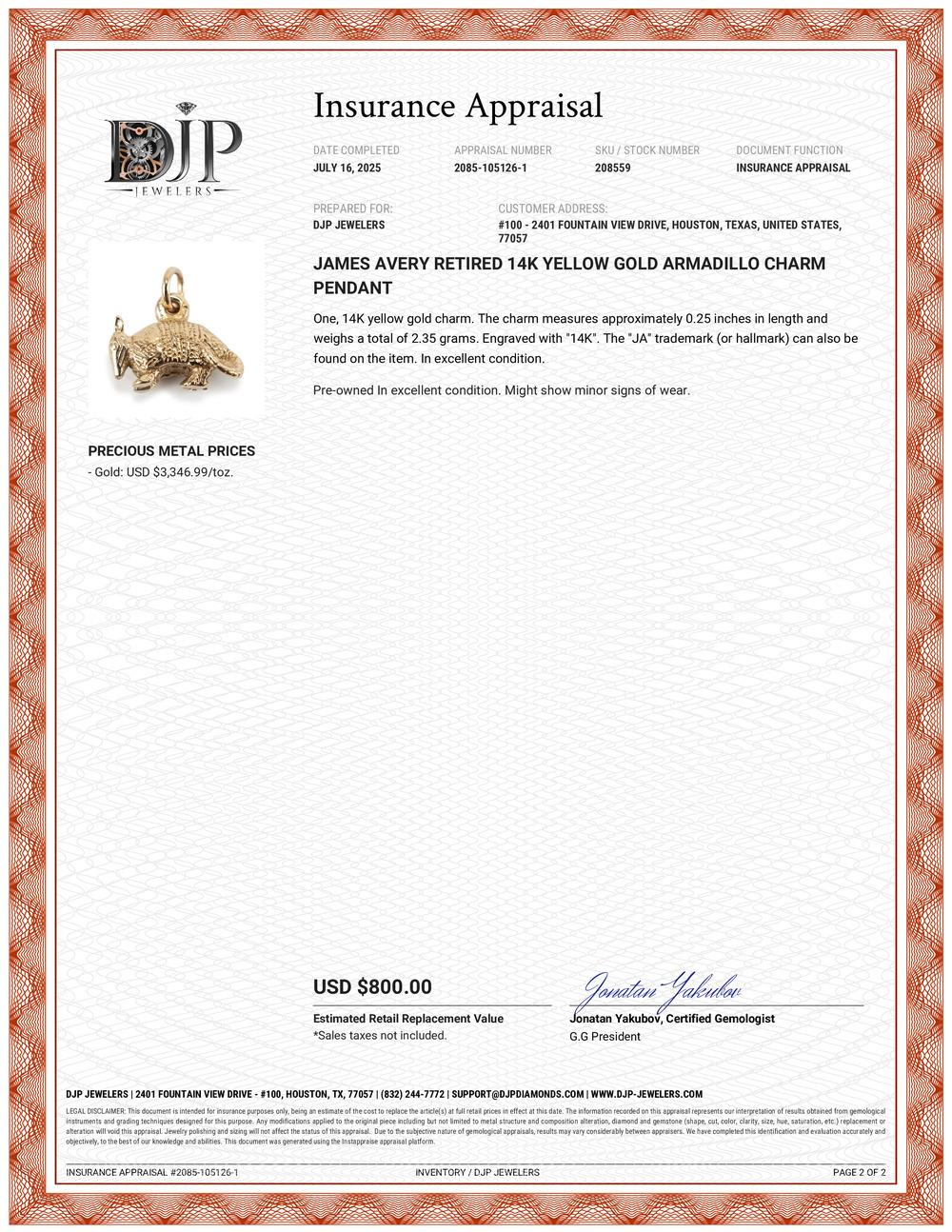 James Avery Retired 14K Yellow Gold Armadillo Charm Pendant For Sale 3