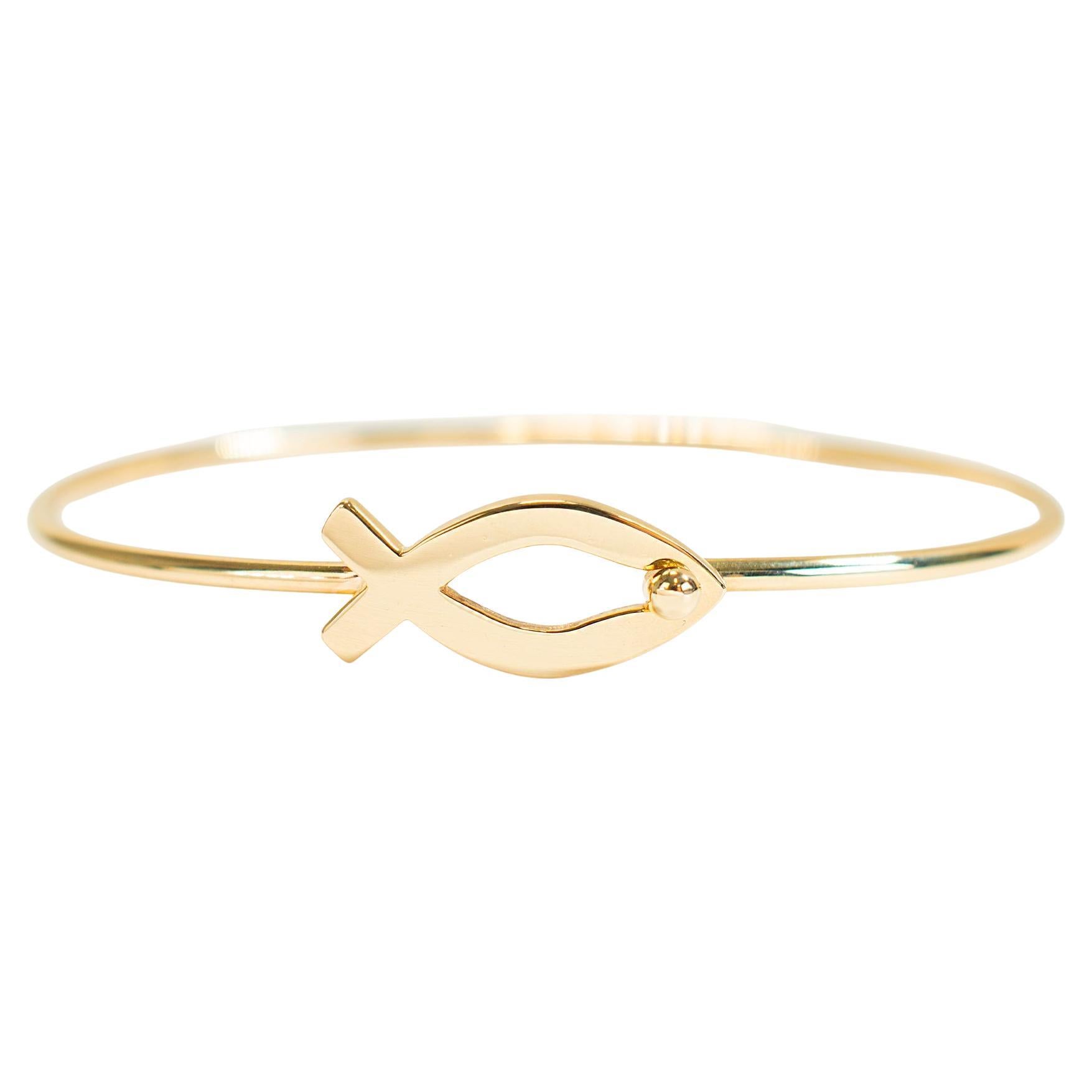 James Avery Retired 14K Yellow Gold Fish Ichthus Hook Bangle Bracelet For Sale