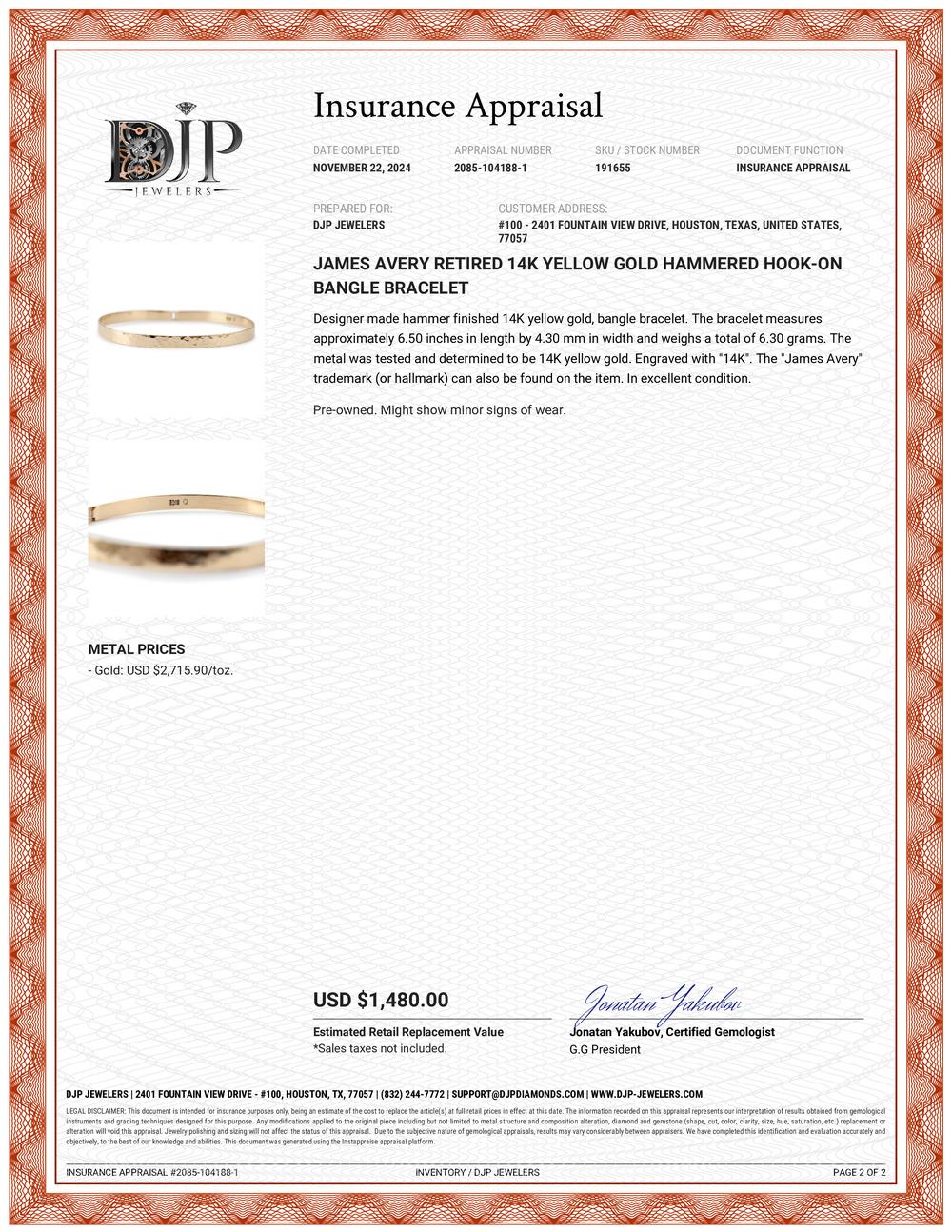 James Avery Retired 14K Yellow Gold Hammered Hook-on Bangle Bracelet 2