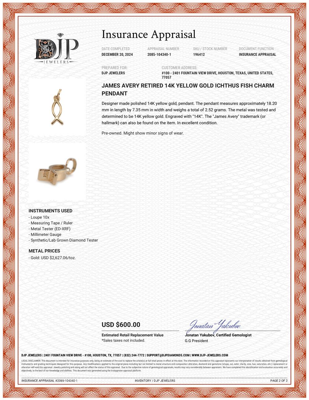 James Avery Ciondolo a forma di pesce ittico in oro giallo 14K in pensione in vendita 1