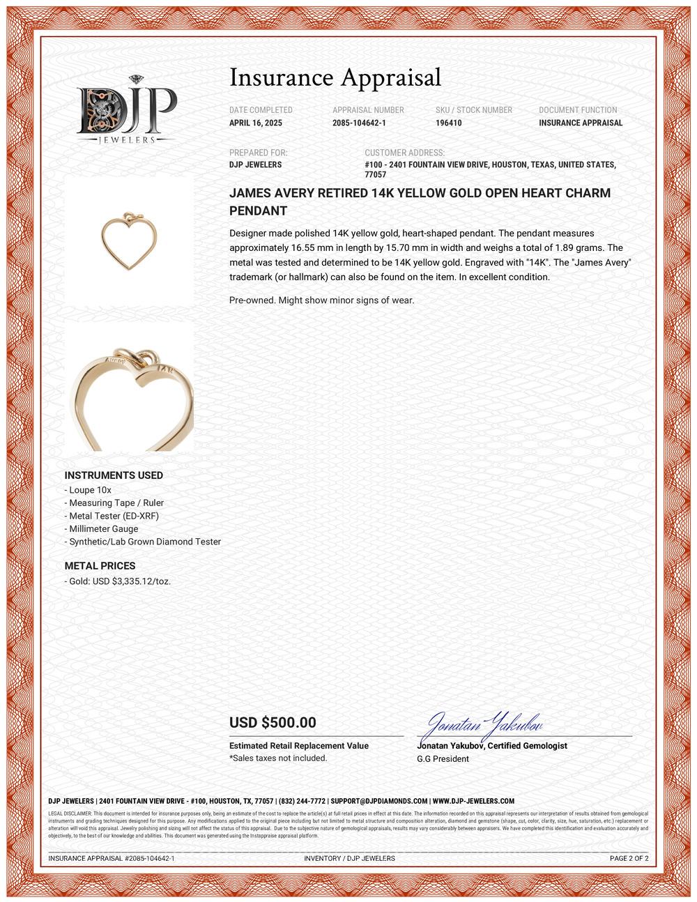 James Avery, pendentif breloque cœur ouvert rétiré en or jaune 14 carats Unisexe en vente