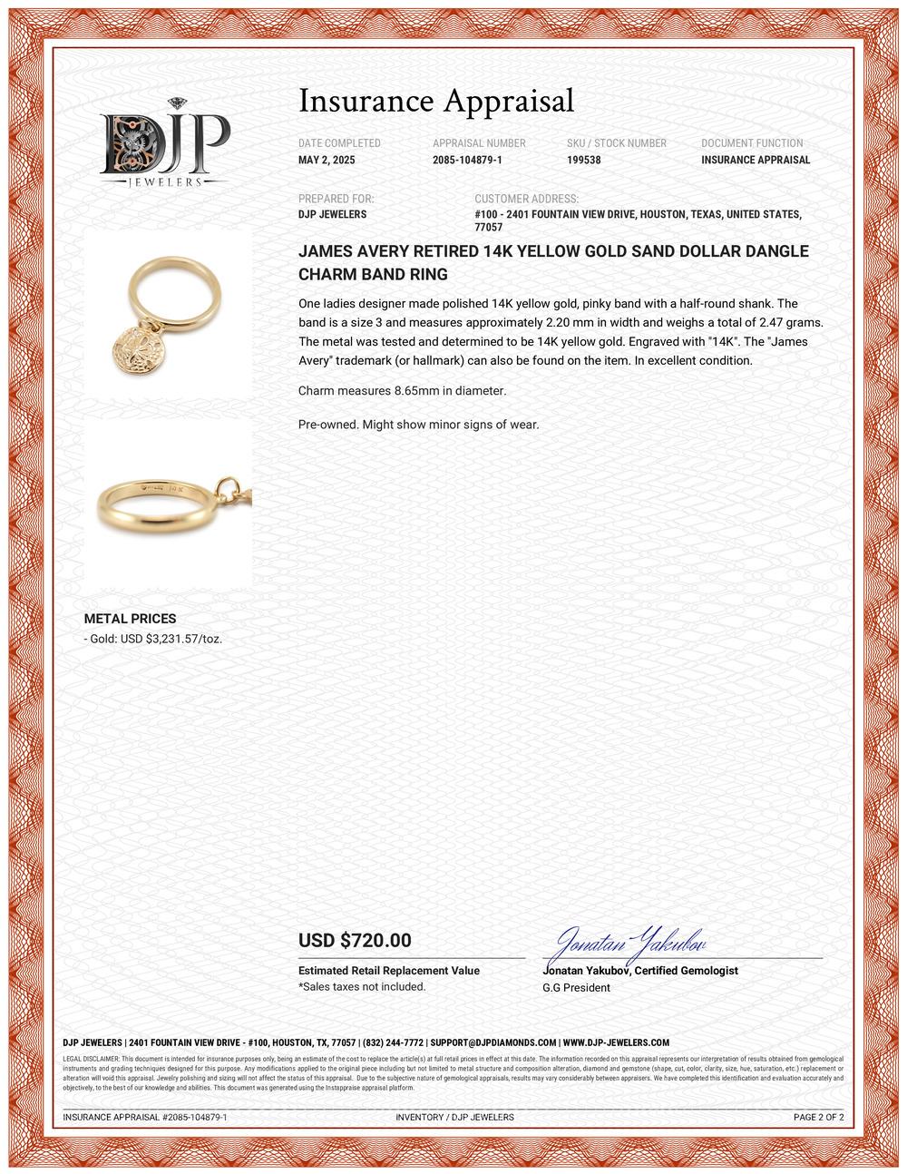 James Avery, bague jonc breloque en or jaune 14 carats avec pendentif en forme de dollar sable en vente 5