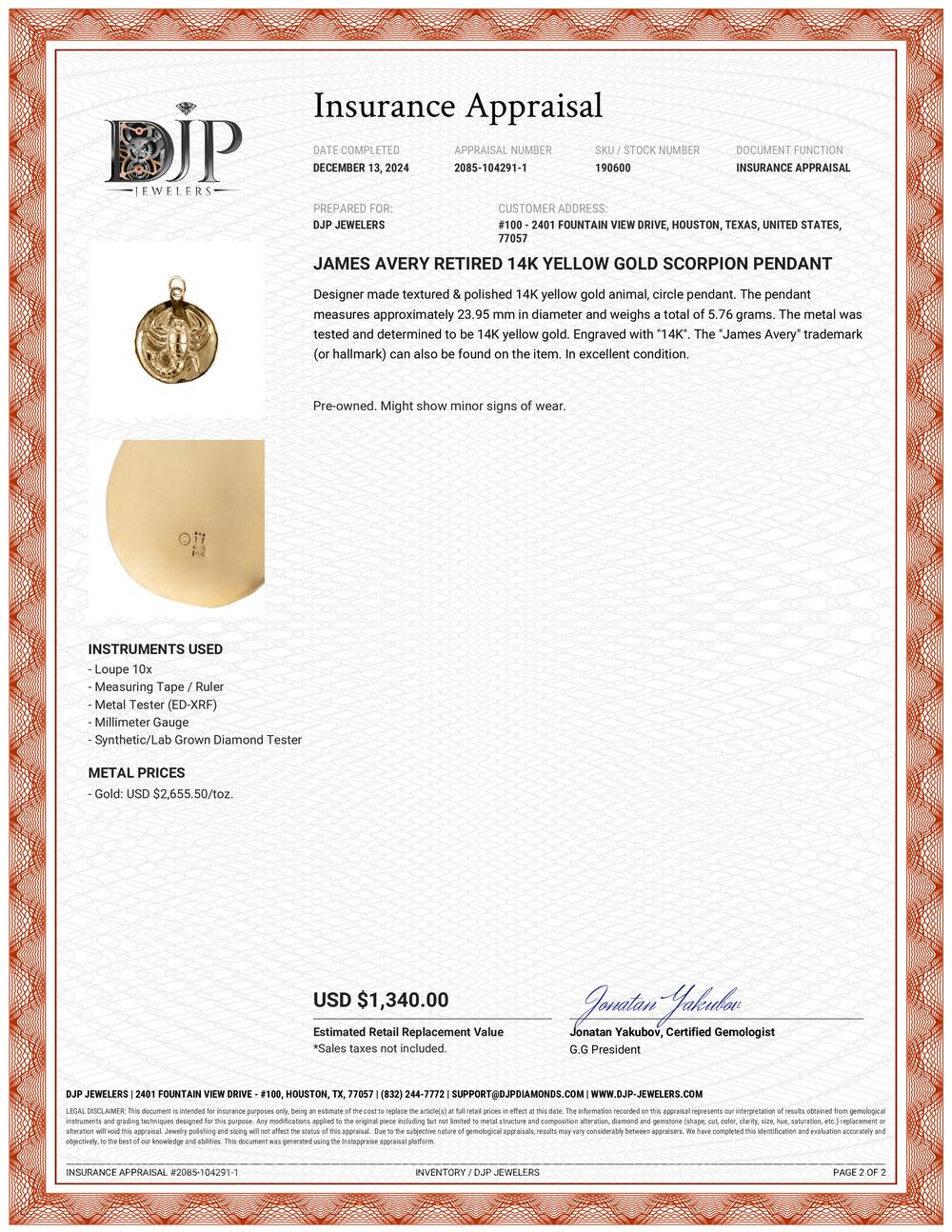 James Avery: 14 Karat Gelbgold Scorpion-Anhänger mit Ruhestand für Damen oder Herren