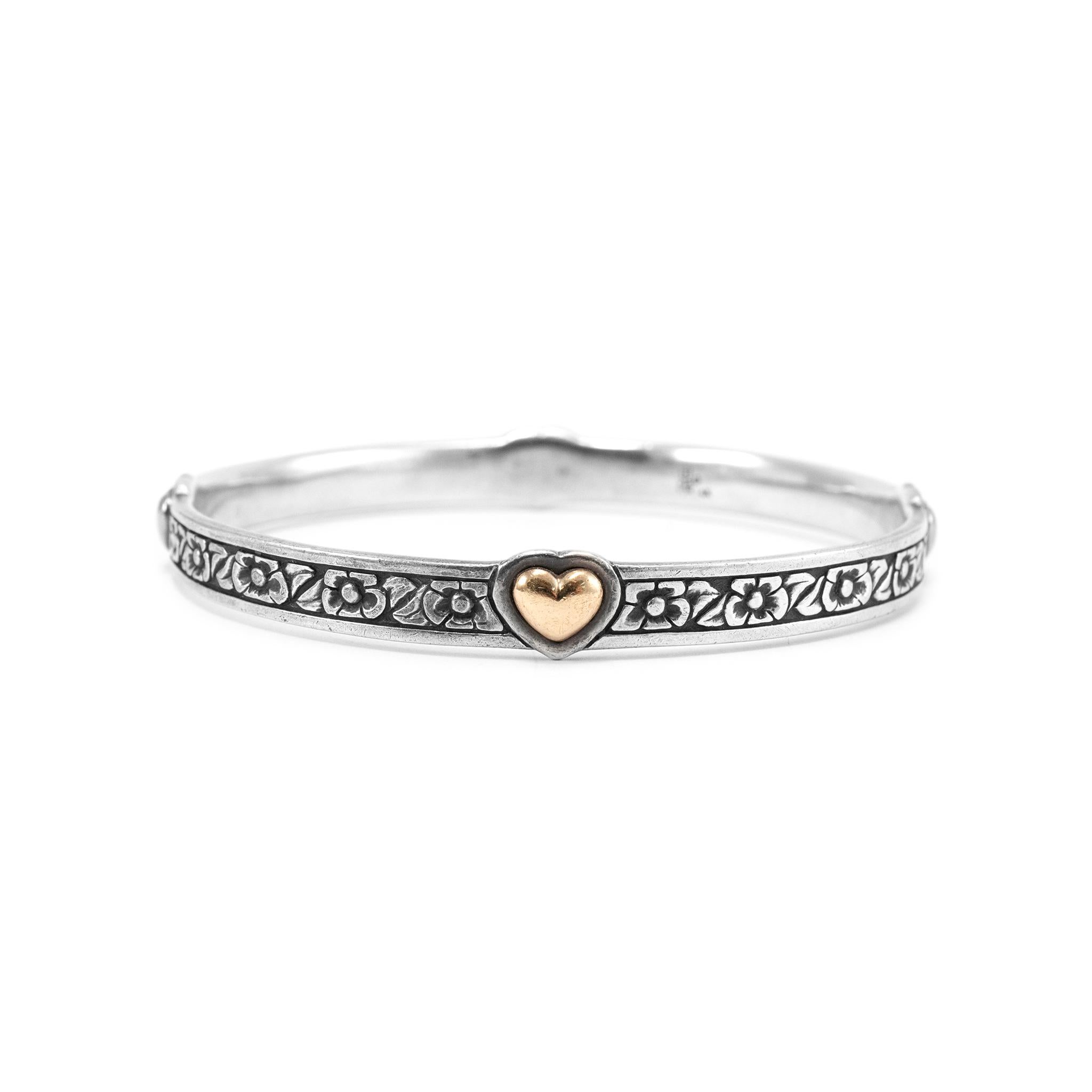 James Avery Retired 925 Sterlingsilber 14K Herz aus Gold Blume Armreif Armband im Zustand „Hervorragend“ in Houston, TX