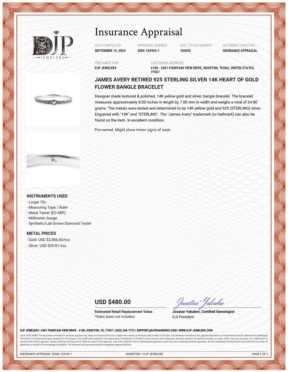 James Avery Retired 925 Sterlingsilber 14K Herz aus Gold Blume Armreif Armband 2