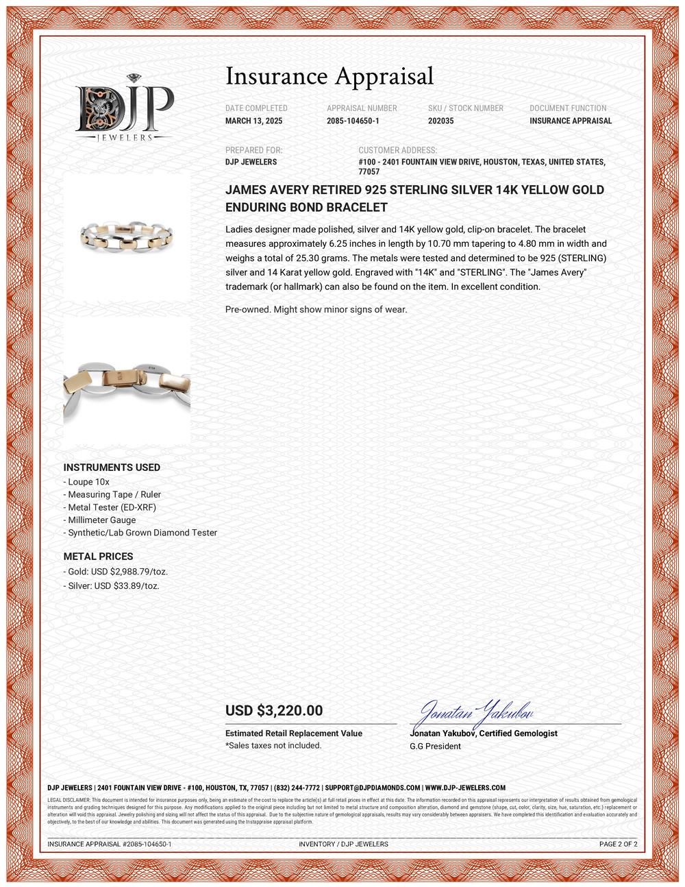 James Avery Vertired 925 Sterlingsilber 14K Gelbgold Enduring Bond-Armband im Angebot 3