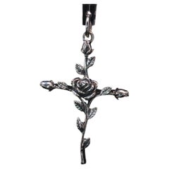 James Avery Retired Rose Cross Charm 925 Sterling Silver Flower Vine Pendant