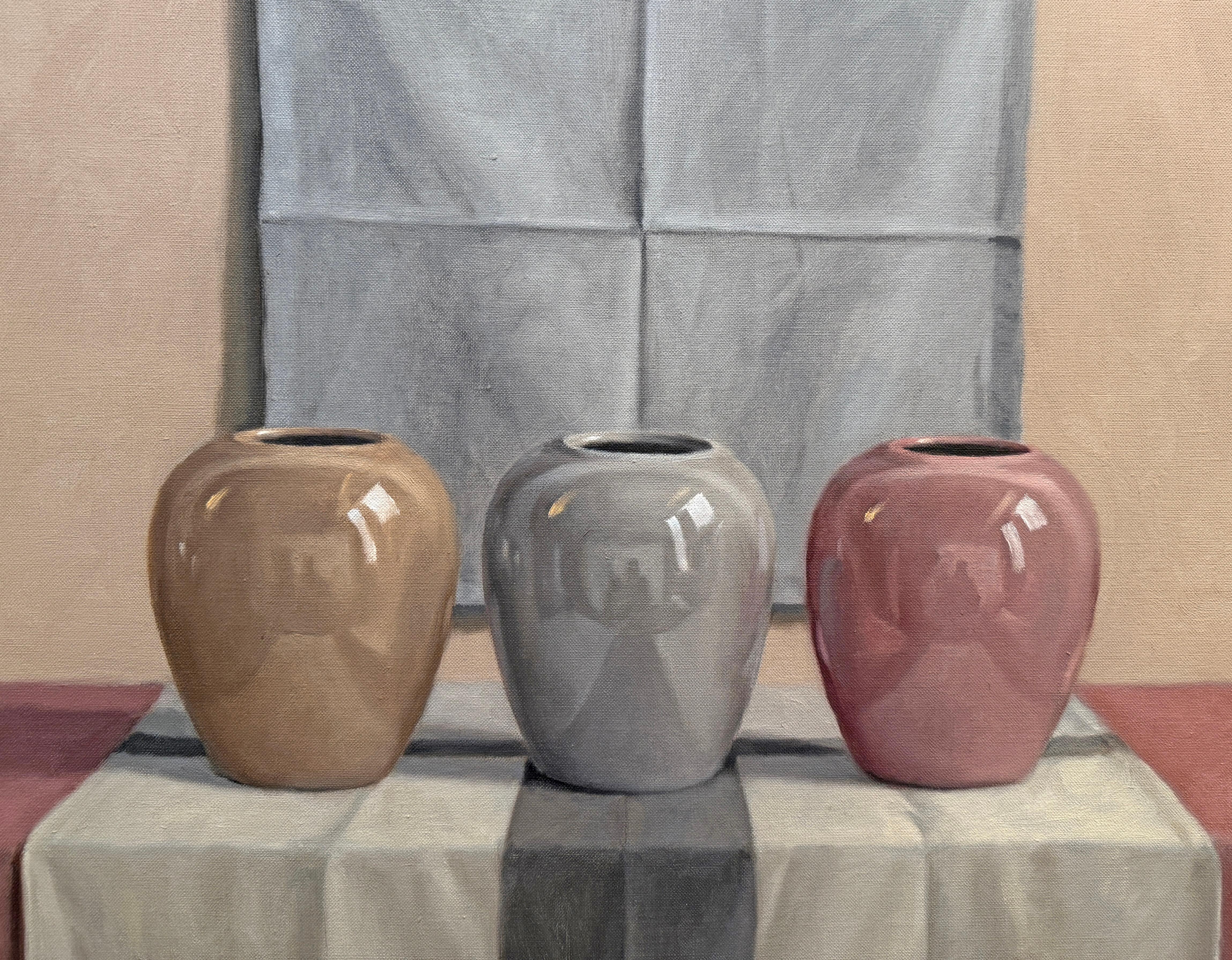 RED BLUE TAN - Still life of Porcelain Vases / Reflections / Realism - Brown Figurative Painting by James B. Moore