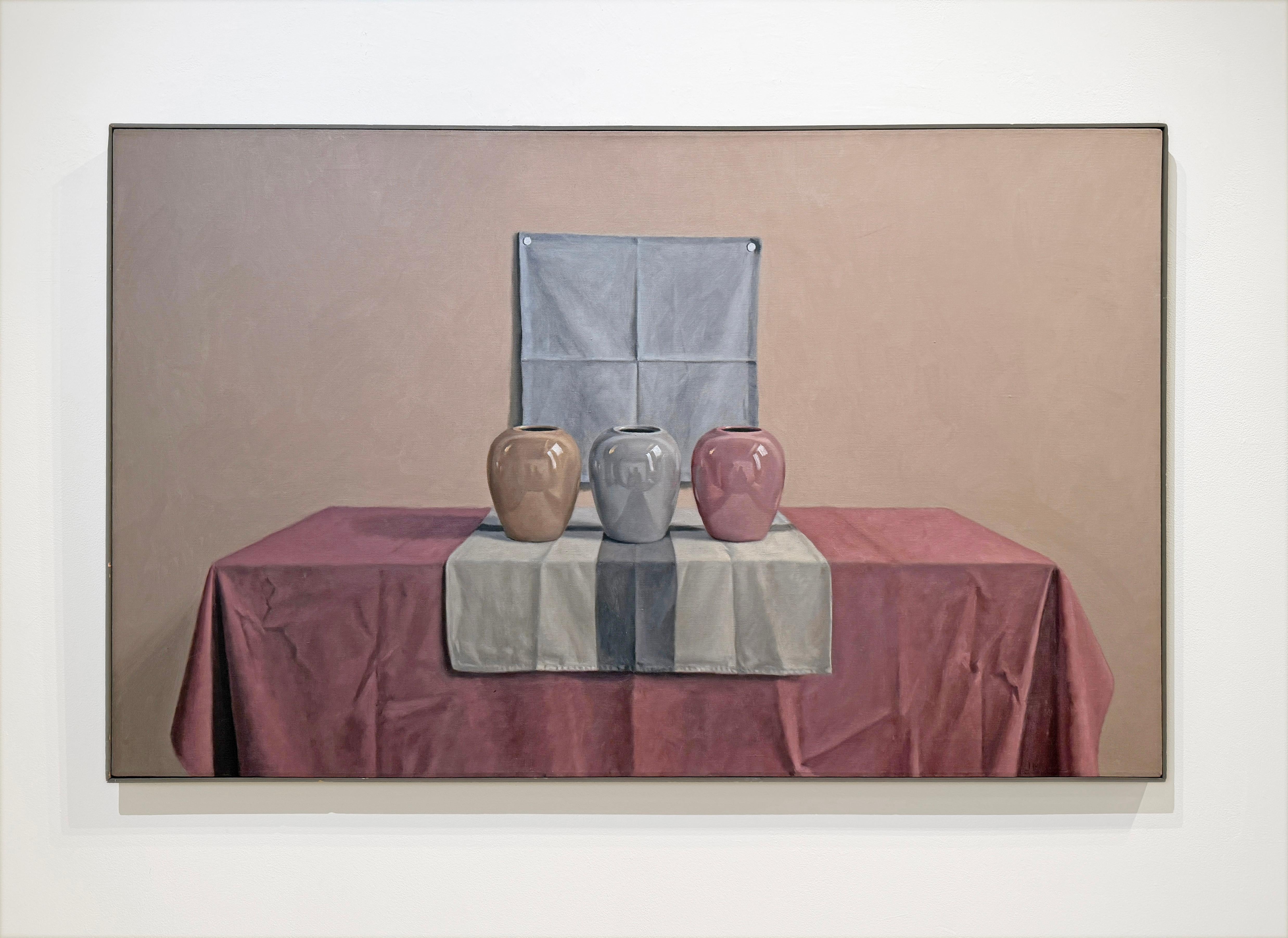 RED BLUE TAN - Still life of Porcelain Vases / Reflections / Realism For Sale 2
