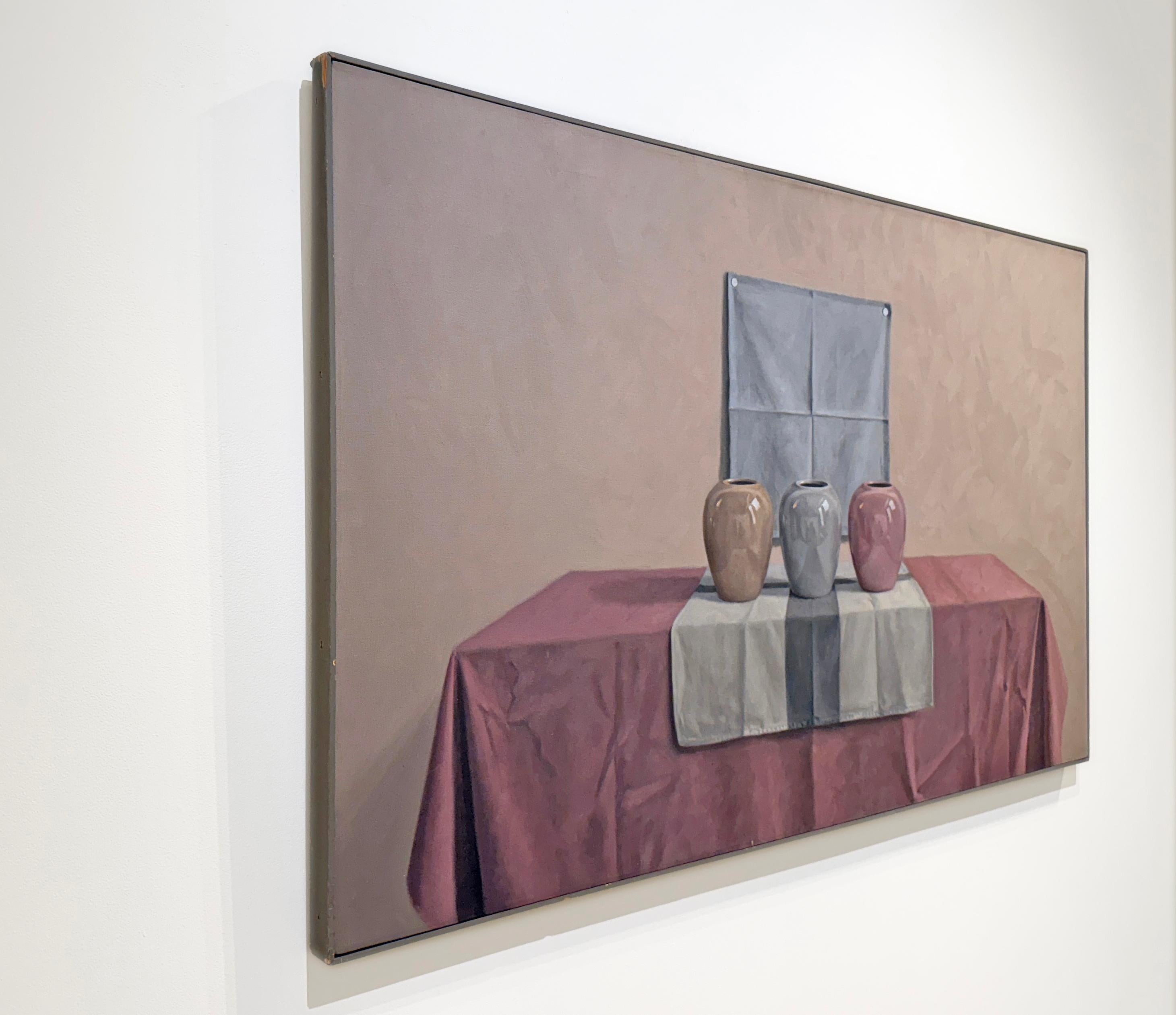 RED BLUE TAN - Still life of Porcelain Vases / Reflections / Realism For Sale 3