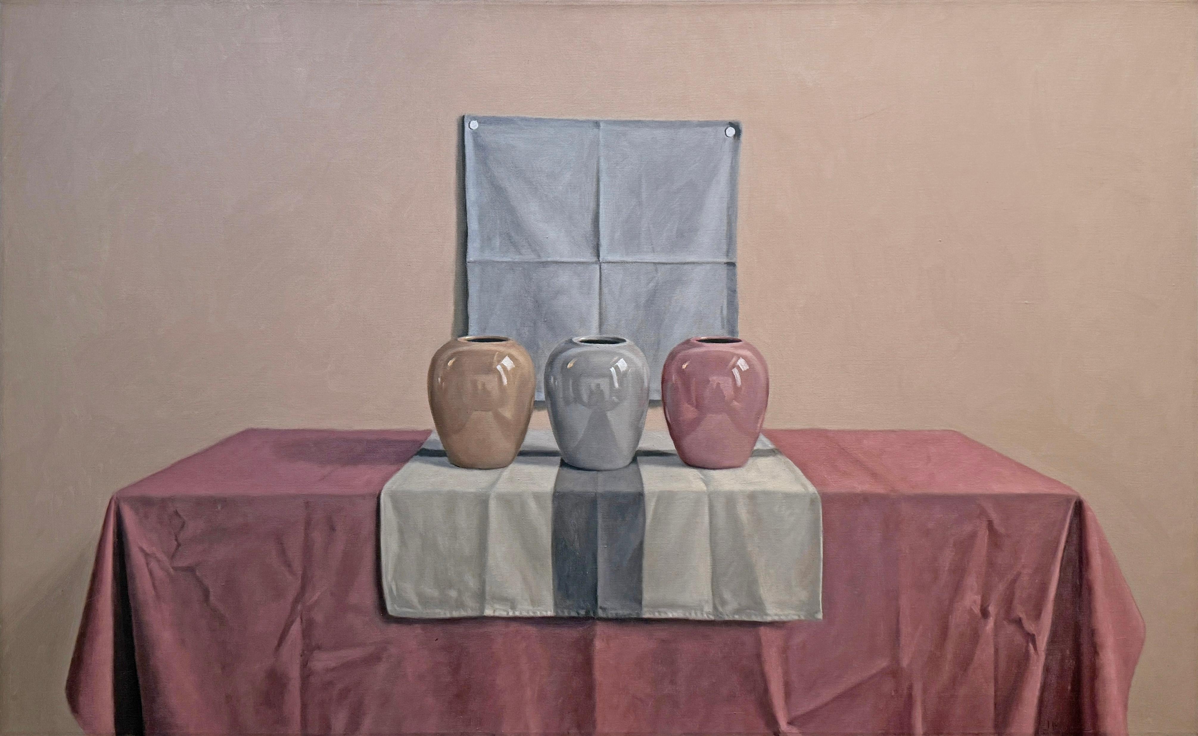 James B. Moore Figurative Painting - RED BLUE TAN - Still life of Porcelain Vases / Reflections / Realism