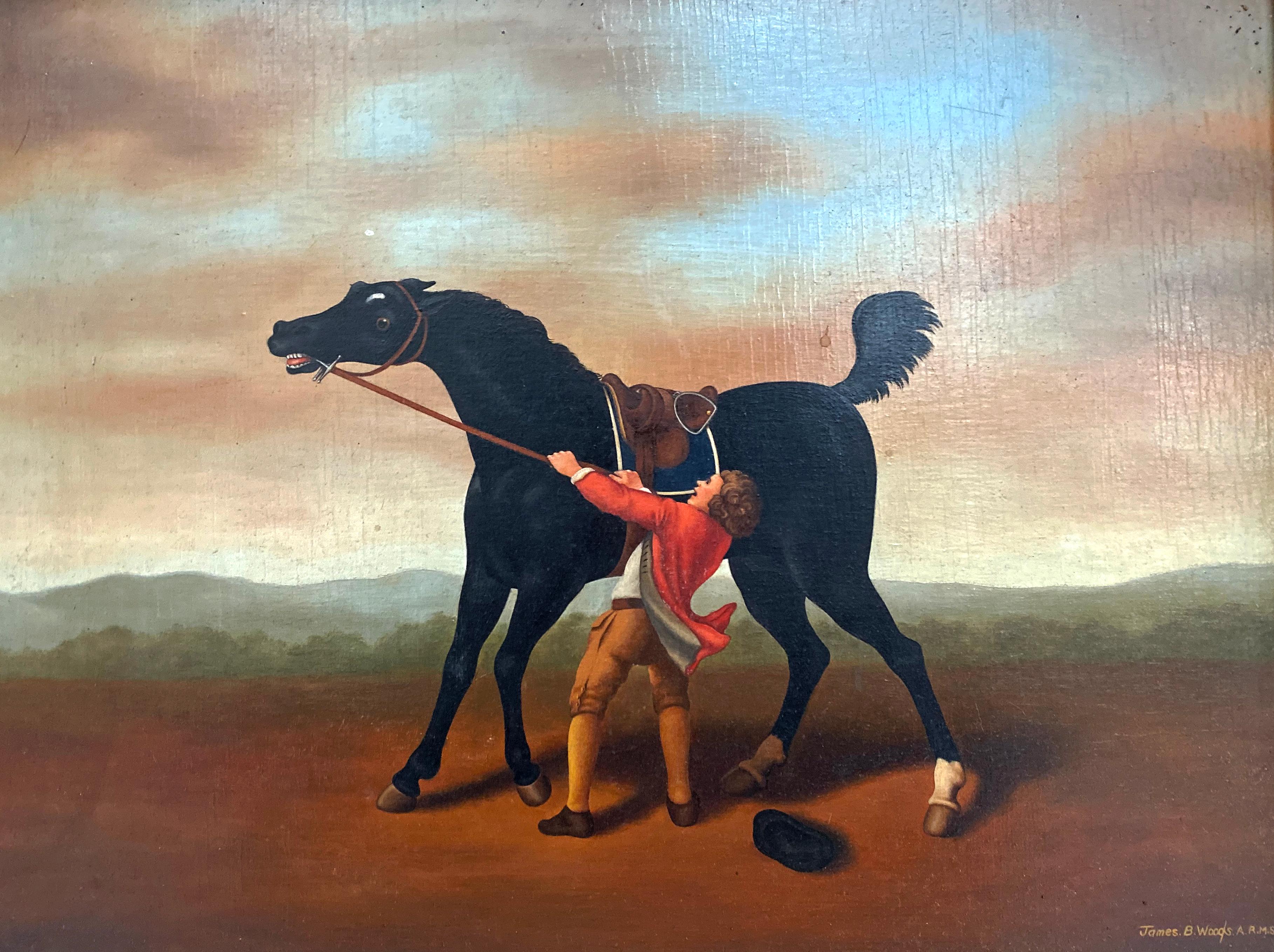 Fabulous English horse painting on board by James B. Woods found in a great gilt frame. Great study of an animal and man captured in a defining moment. Signed James B. Woods A.R.M.S.

Lighting and color may very slightly. Image size is: 14.25 inches
