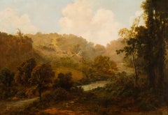 James Baker Pyne (1800-1870) - Huile du milieu du 19e siècle, cottage sur le banc de la rivière