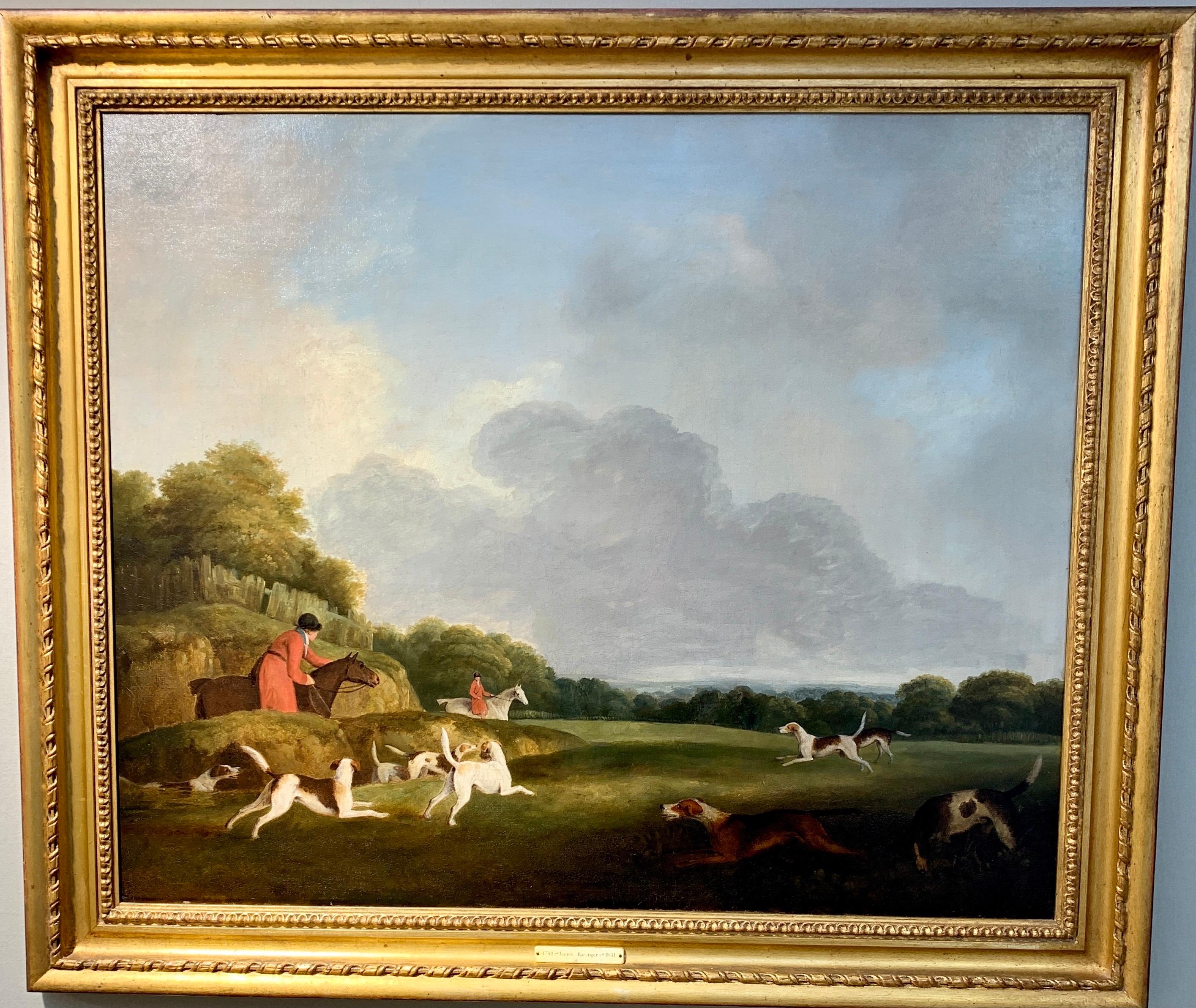 19th century English Antique Fox Hunting in a landscape, with hounds and horses.
 - Painting by James Barenger