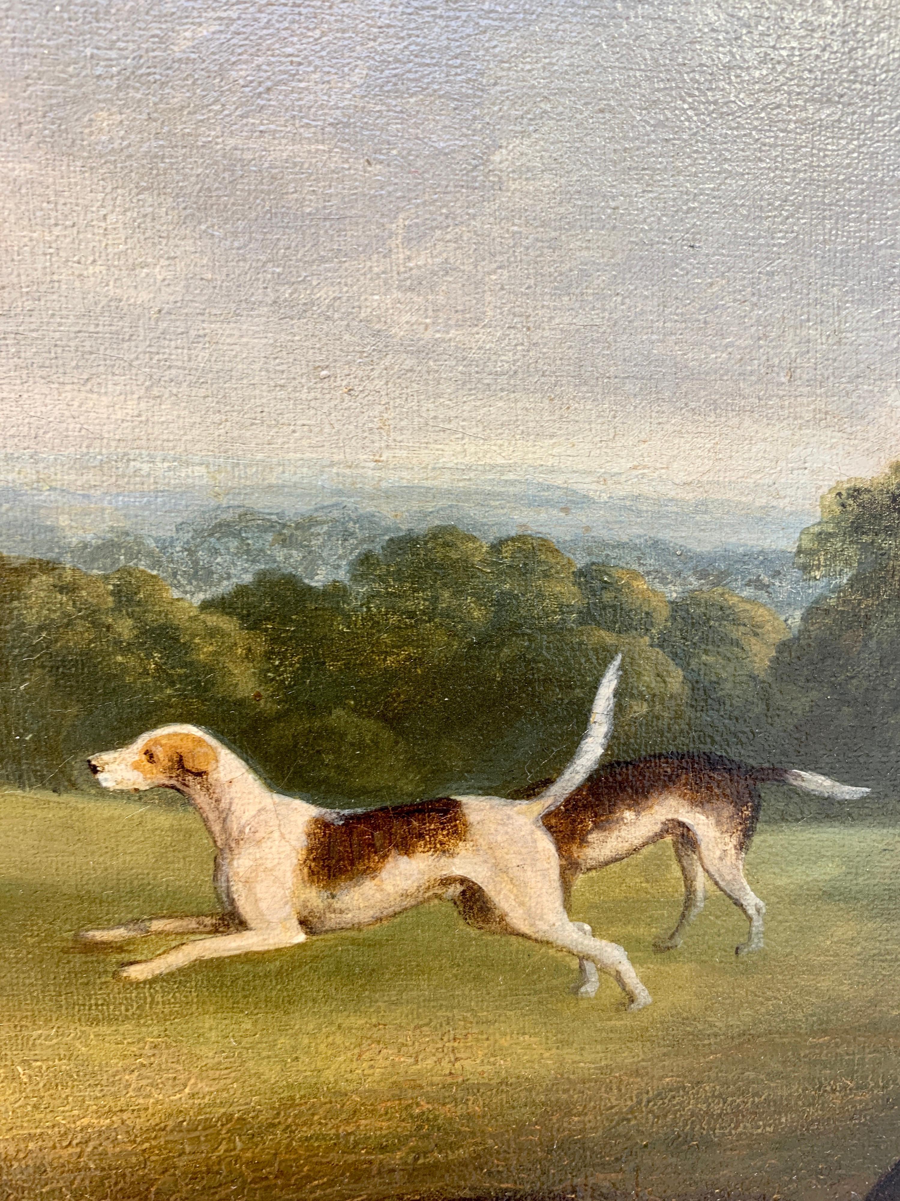 19th century English Antique Fox Hunting in a landscape, with hounds and horses.
 - Brown Figurative Painting by James Barenger