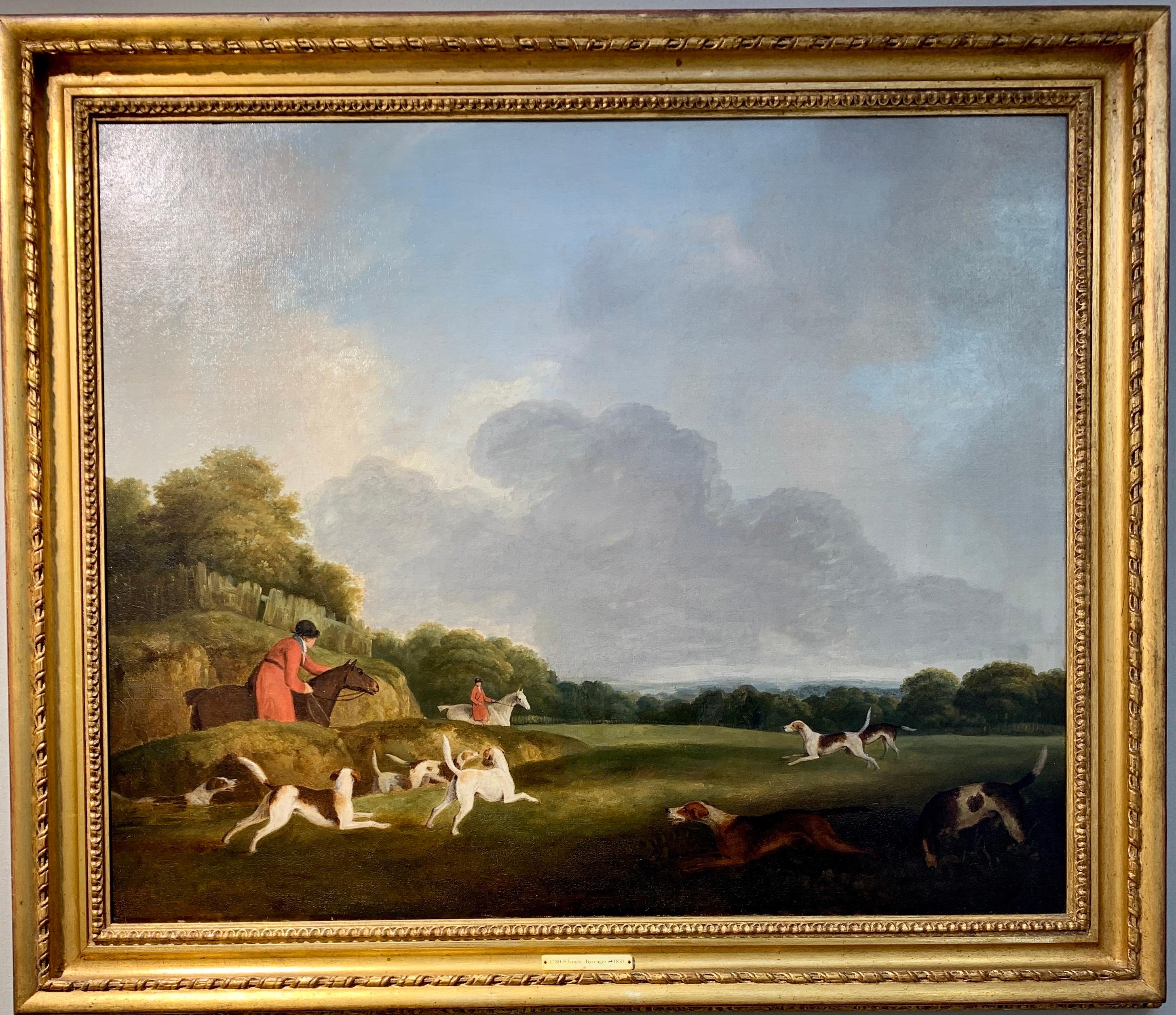 James Barenger Figurative Painting - 19th century English Antique Fox Hunting in a landscape, with hounds and horses.
