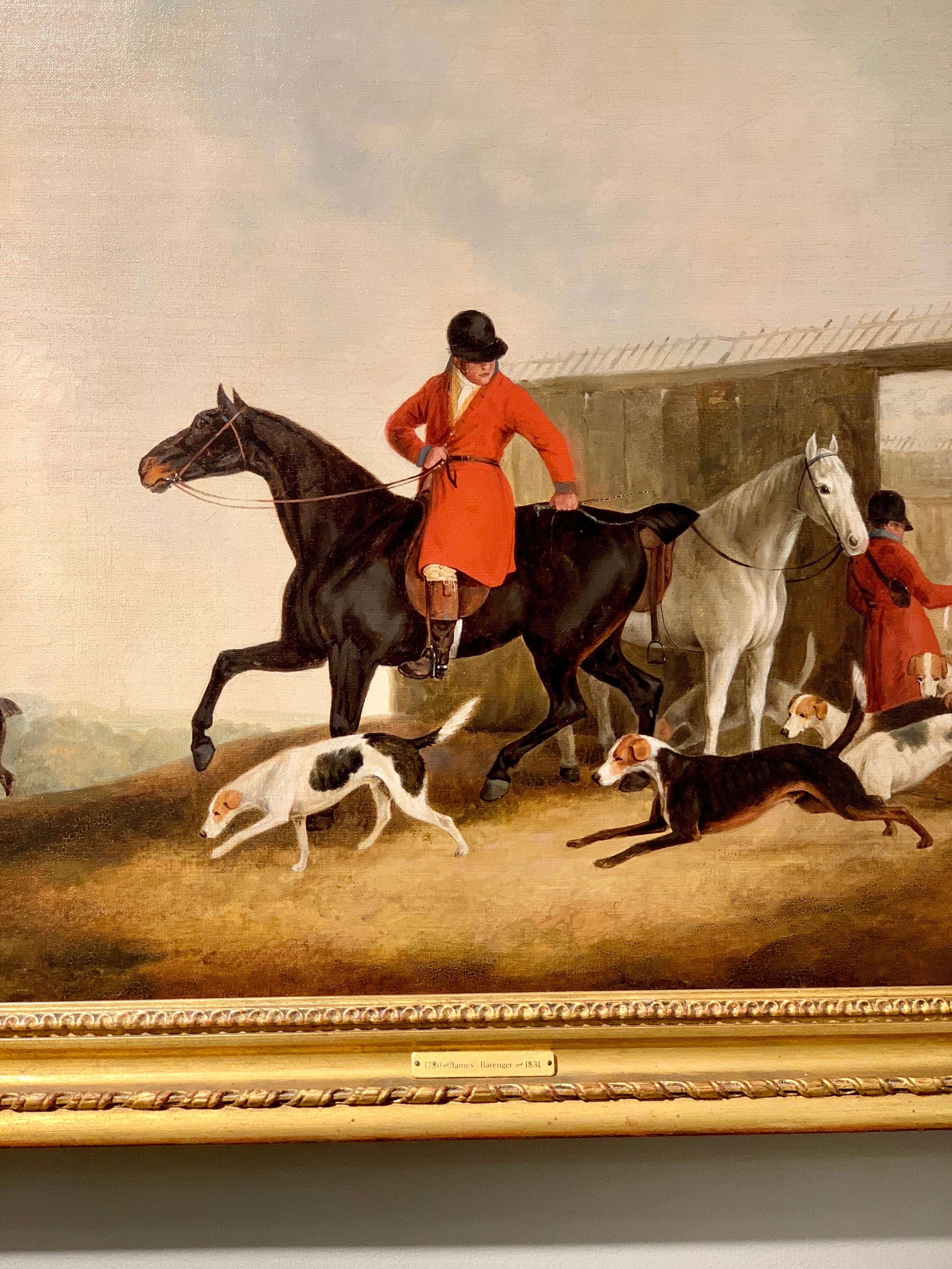 Antique Angleterre du 19ème siècle, chasseur de renard et chiens de chasse dans un paysage.  - Painting de James Barenger