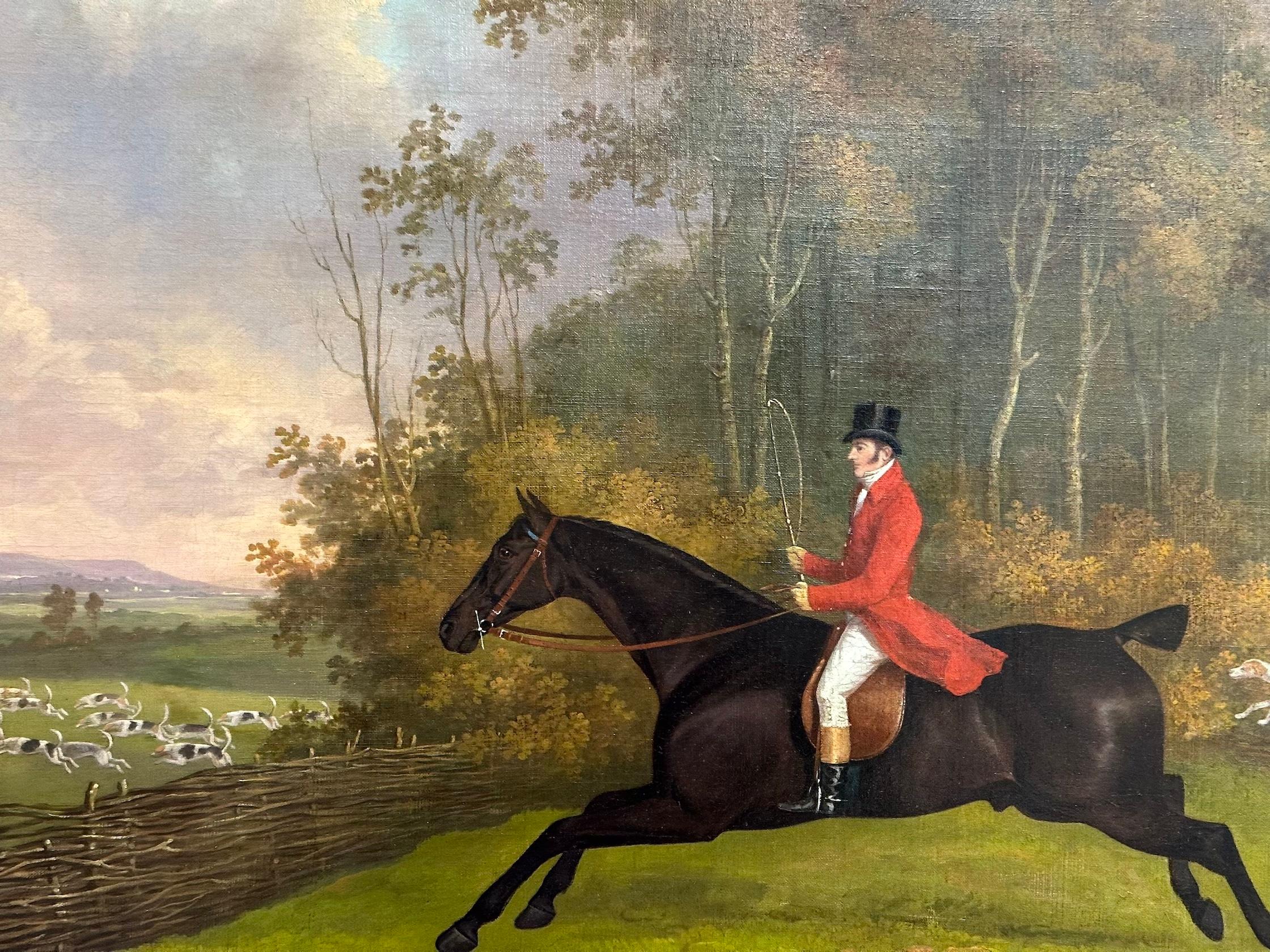 Antique English 19th century, Fox huntsman and hounds in a landscape.  - Painting by James Barenger