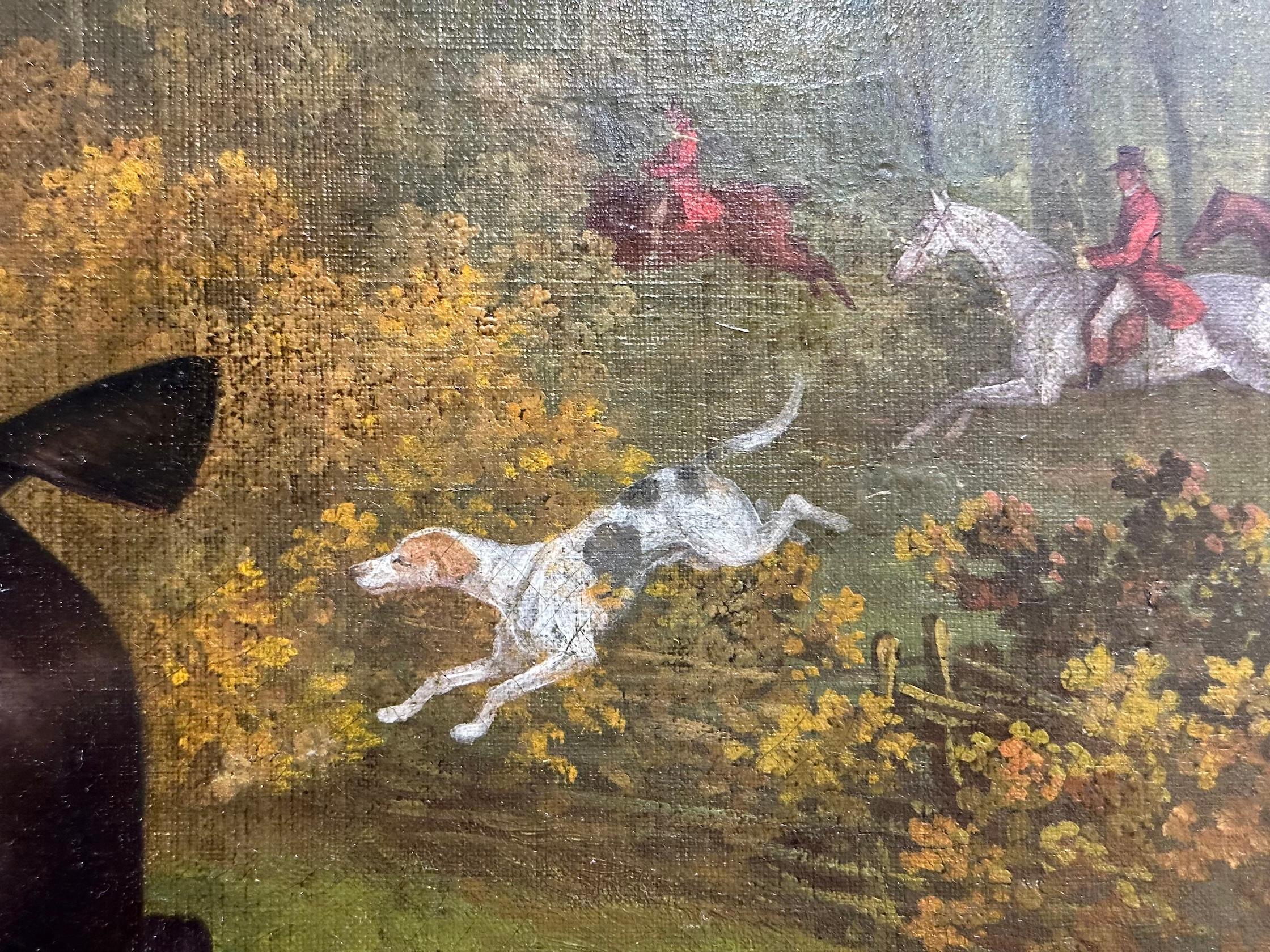 Antique English 19th century, Fox huntsman and hounds in a landscape.  2