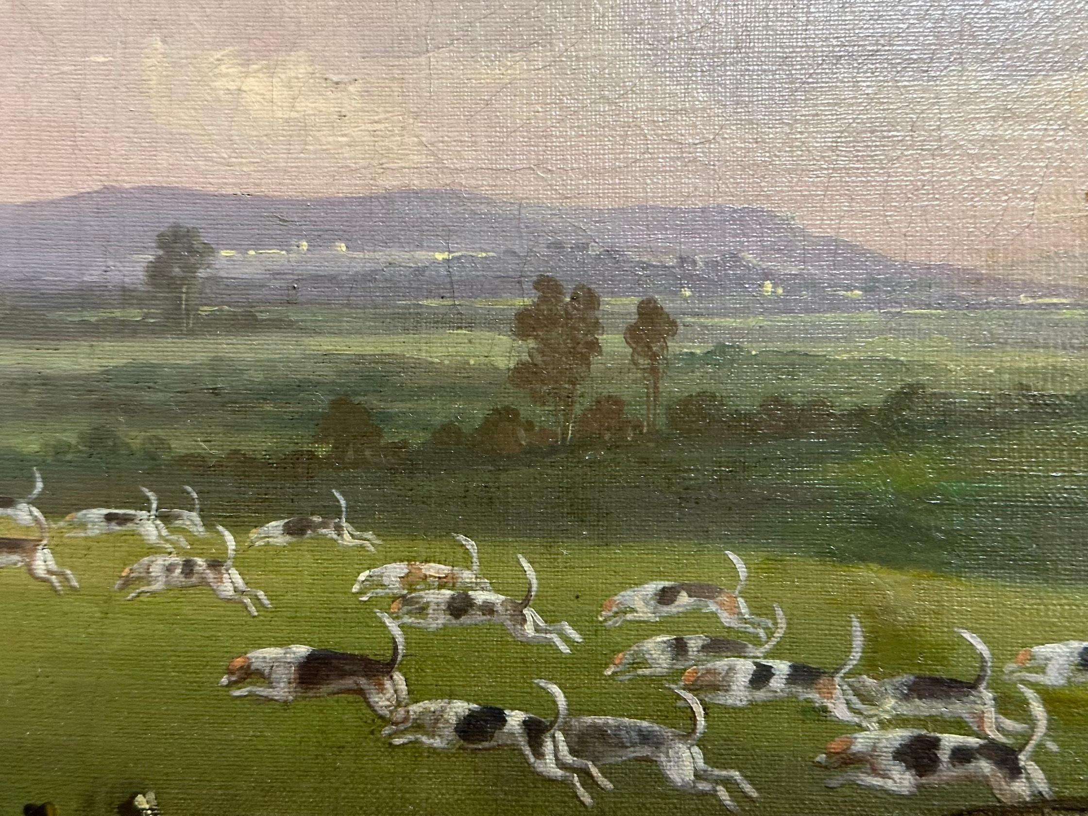 Antique English 19th century, Fox huntsman and hounds in a landscape.  5