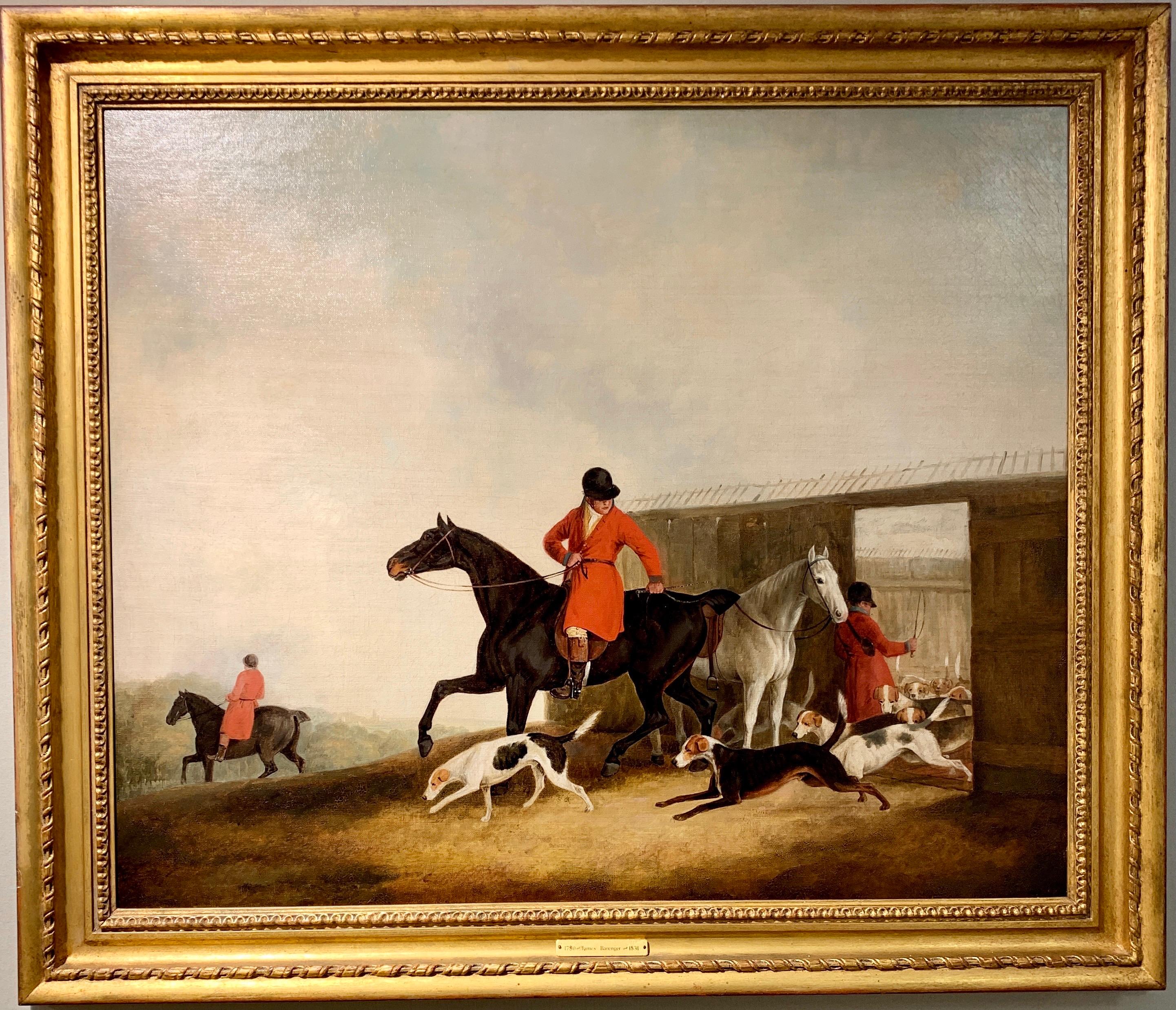 James Barenger Animal Painting - Antique English 19th century, Fox huntsman and hounds in a landscape. 
