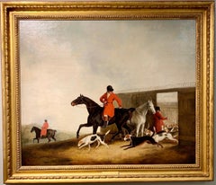 Vintage English 19th century, Fox huntsman and hounds in a landscape. 